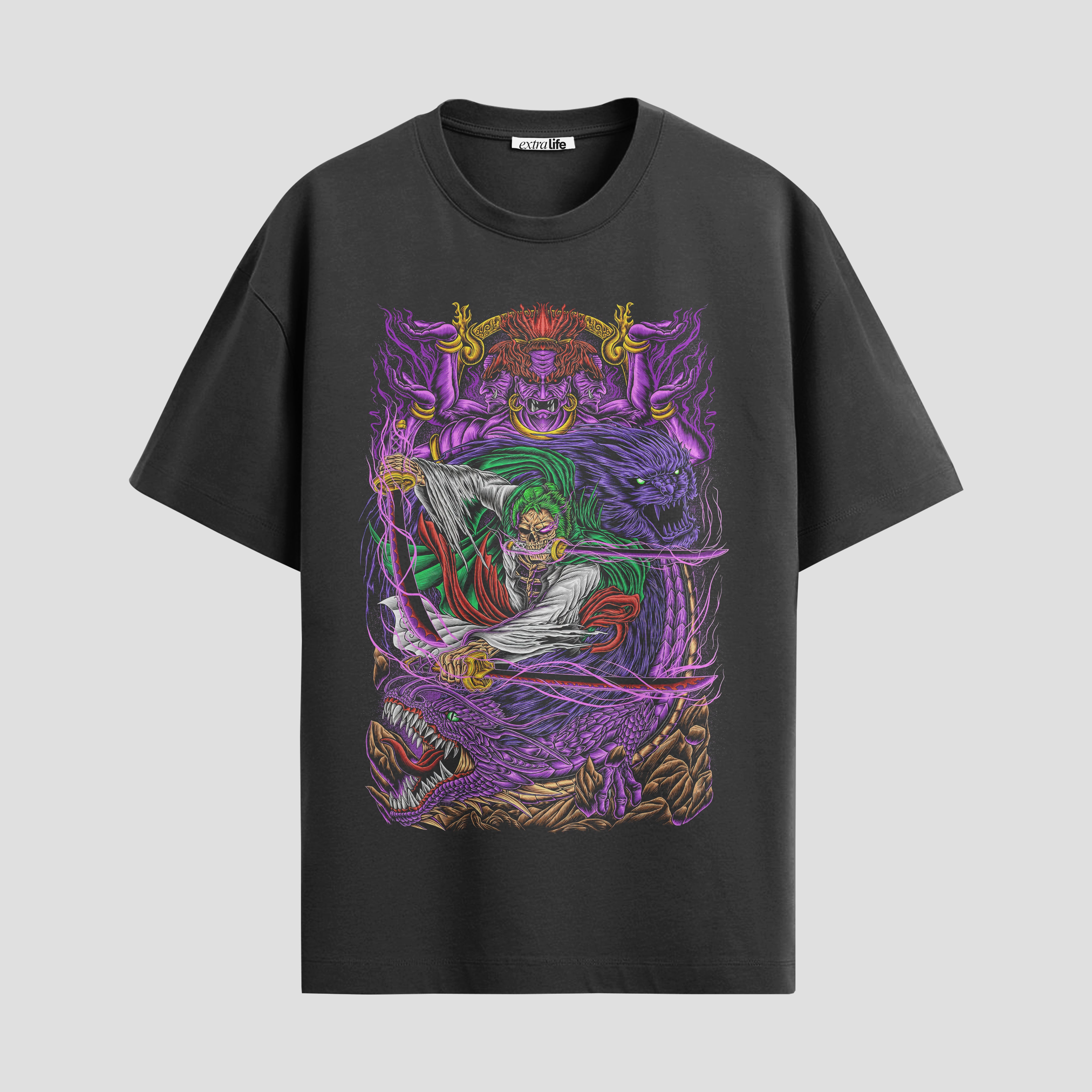 Playera urbana de anime y gaming ExtraLife MX, corte Standard Fit unisex ligero y transpirable en color Deep Black y Pure White, ropa de uso diario para gym y casual.