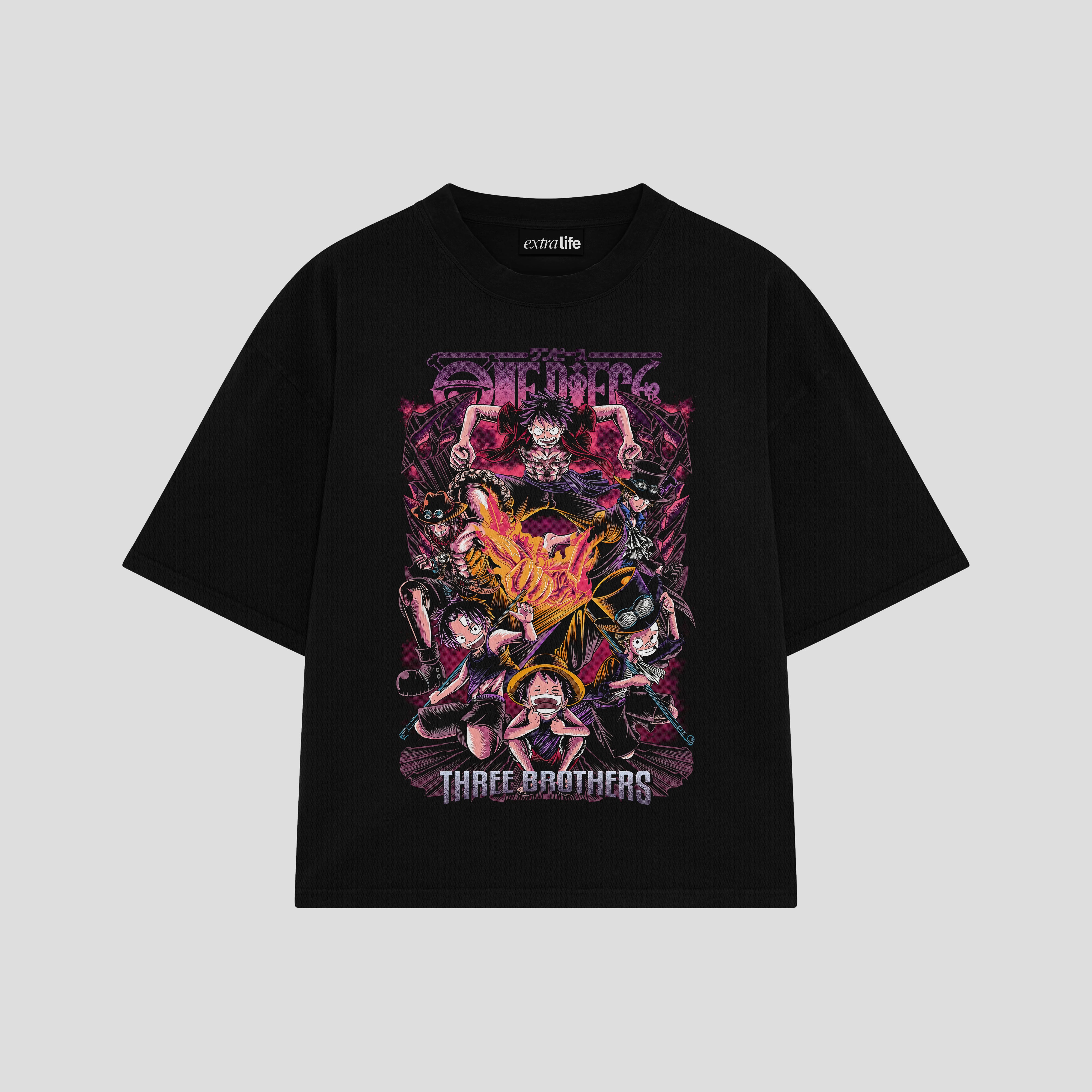 Playera streetwear premium de anime y gaming ExtraLife MX, corte boxy oversized drop shoulder heavyweight en color Deep Black y Off-White, moda urbana mexicana de culto.