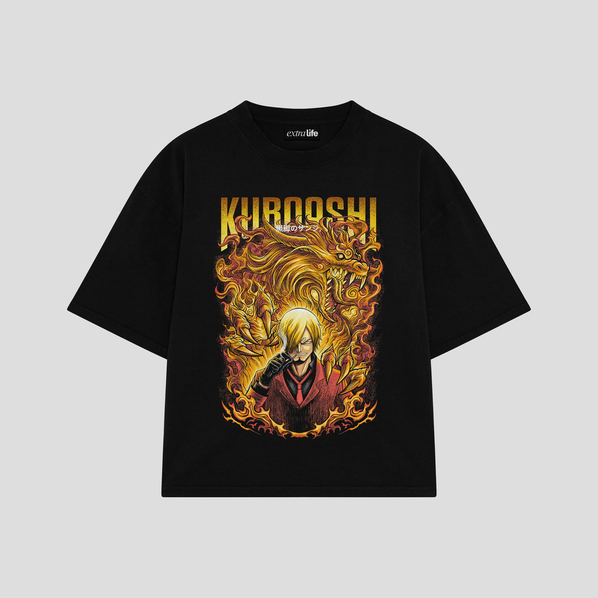 Playera streetwear premium de anime y gaming ExtraLife MX, corte oversized drop shoulder ligero y fresco en color Deep Black y Off-White, moda urbana mexicana de culto.