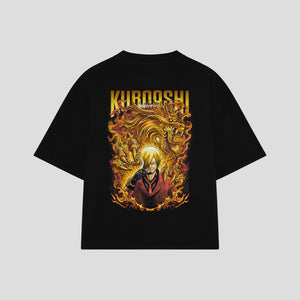 Playera streetwear premium de anime y gaming ExtraLife MX, corte boxy oversized drop shoulder heavyweight en color Deep Black y Off-White, moda urbana mexicana de culto.