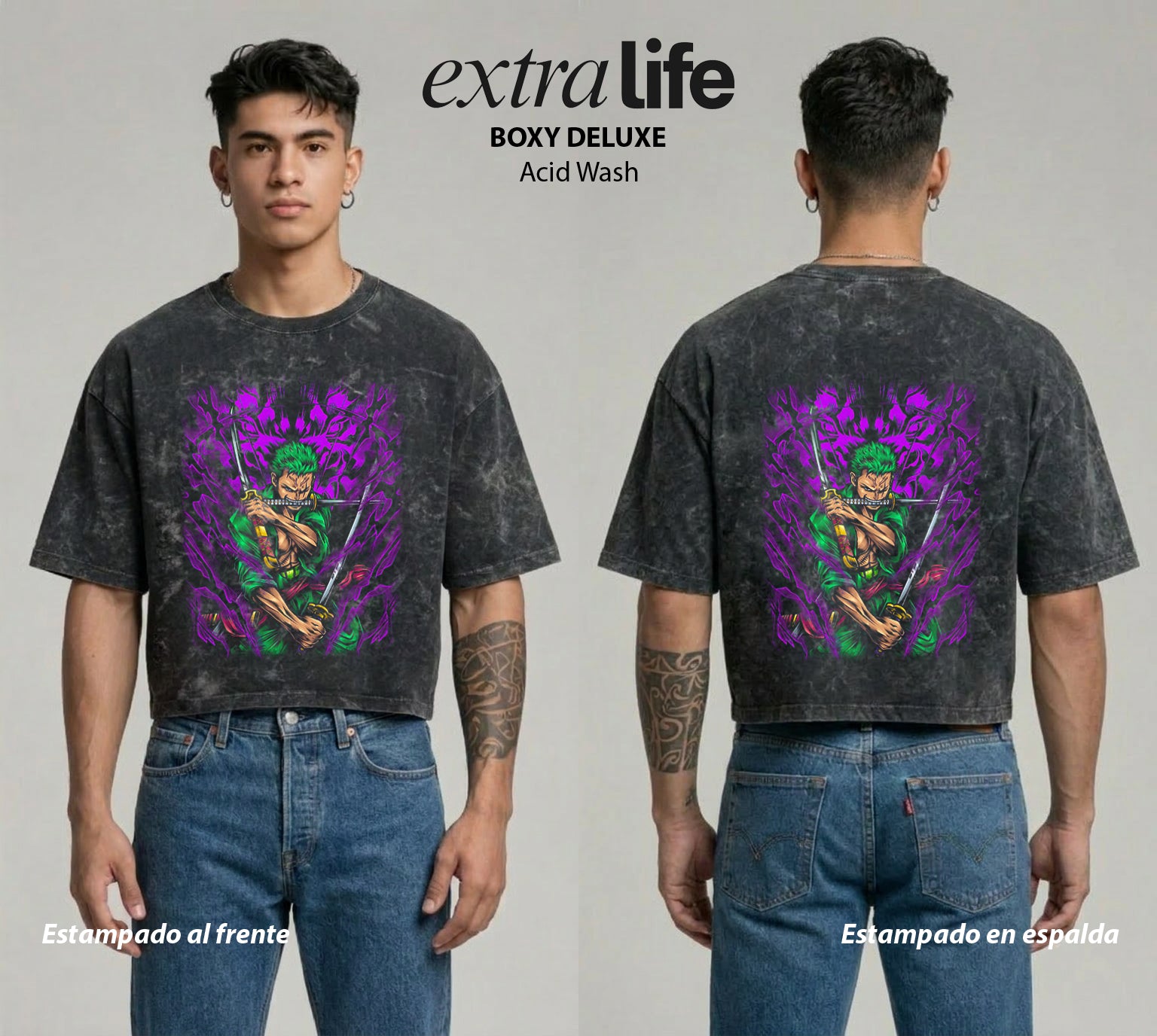Playera streetwear premium de anime y gaming ExtraLife MX, corte boxy deluxe mineral wash heavyweight en color Acid Wash, moda urbana mexicana de culto.