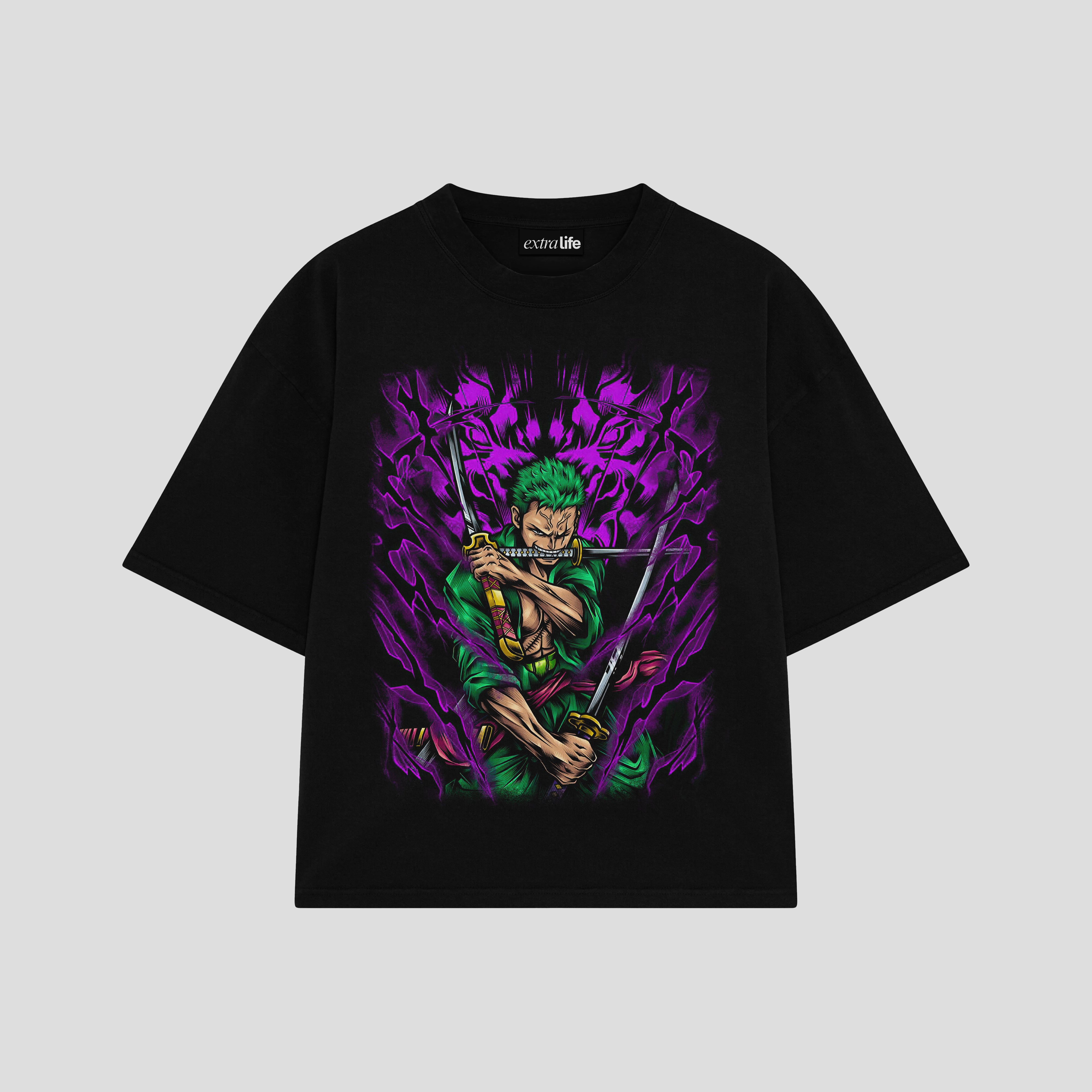 Playera streetwear premium de anime y gaming ExtraLife MX, corte boxy oversized drop shoulder heavyweight en color Deep Black y Off-White, moda urbana mexicana de culto.