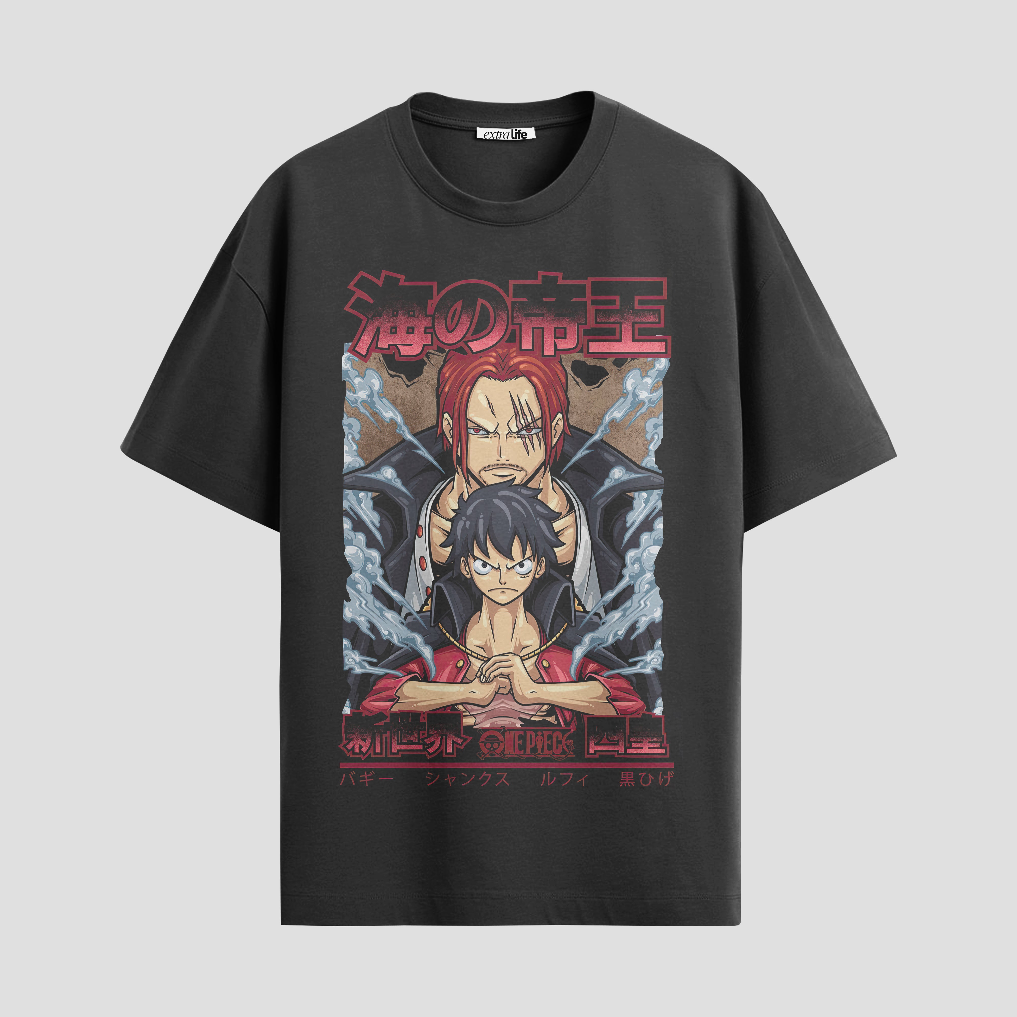 Playera urbana de anime y gaming ExtraLife MX, corte Standard Fit unisex ligero y transpirable en color Deep Black y Pure White, ropa de uso diario para gym y casual.