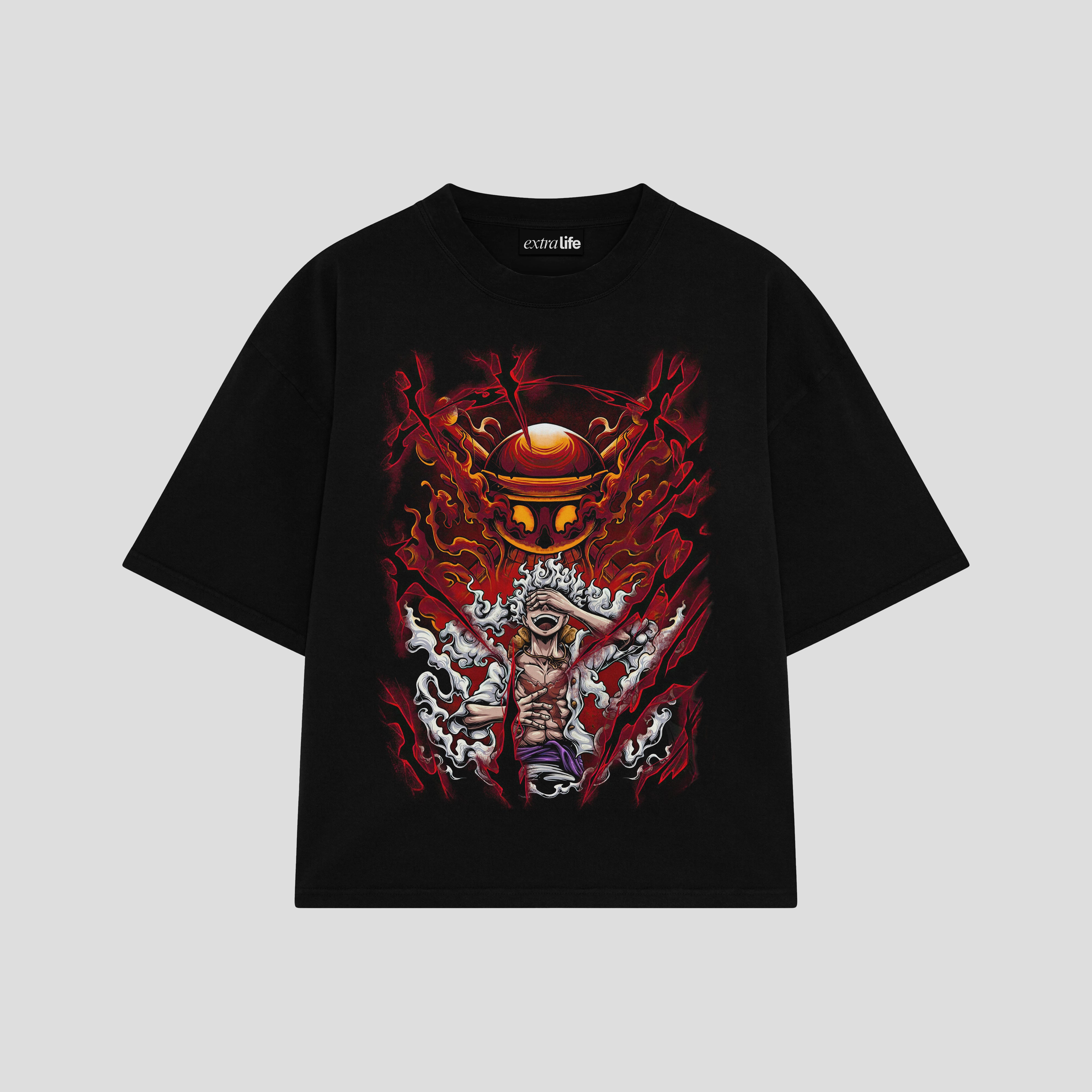 Playera streetwear premium de anime y gaming ExtraLife MX, corte boxy oversized drop shoulder heavyweight en color Deep Black y Off-White, moda urbana mexicana de culto.