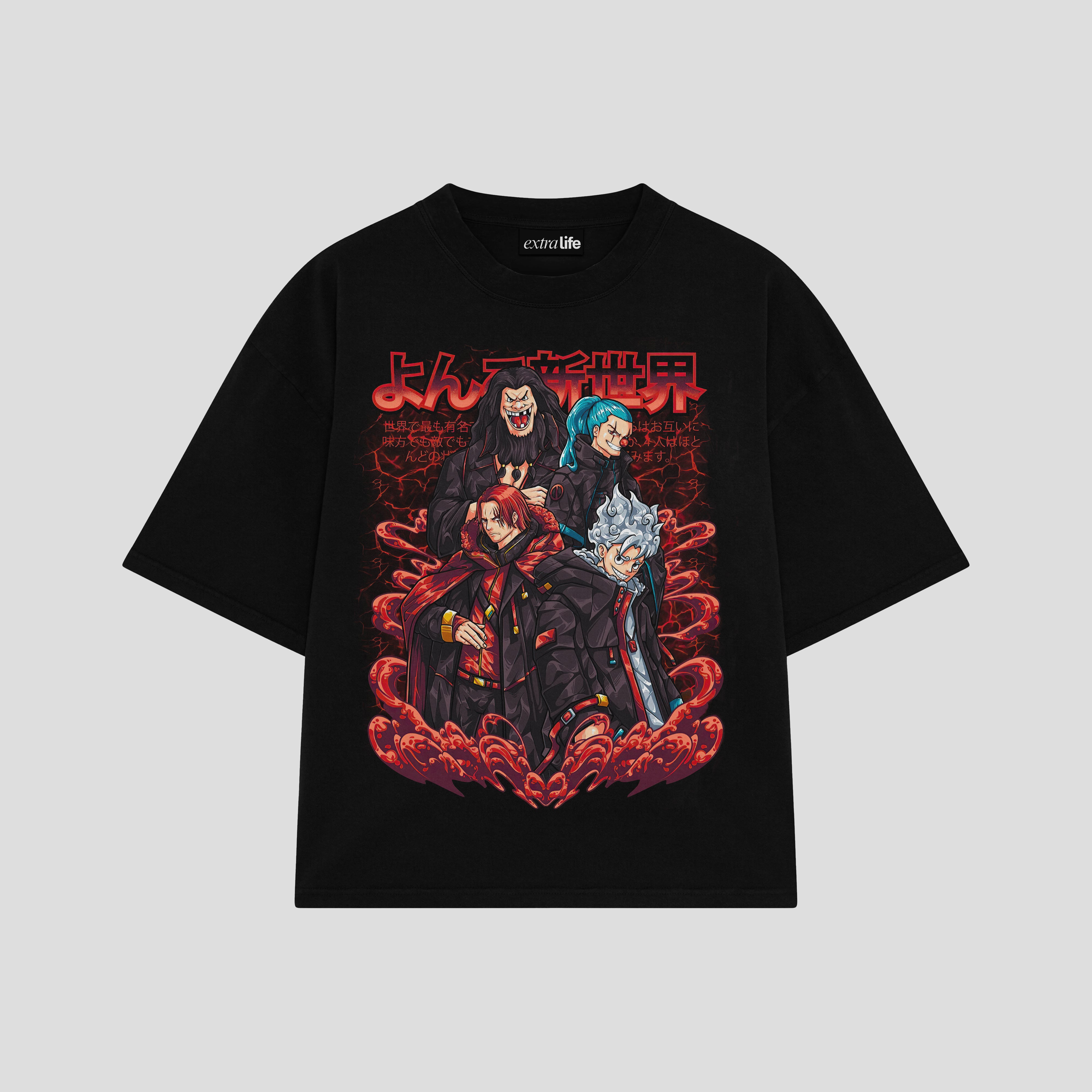 Playera streetwear premium de anime y gaming ExtraLife MX, corte boxy oversized drop shoulder heavyweight en color Deep Black y Off-White, moda urbana mexicana de culto.