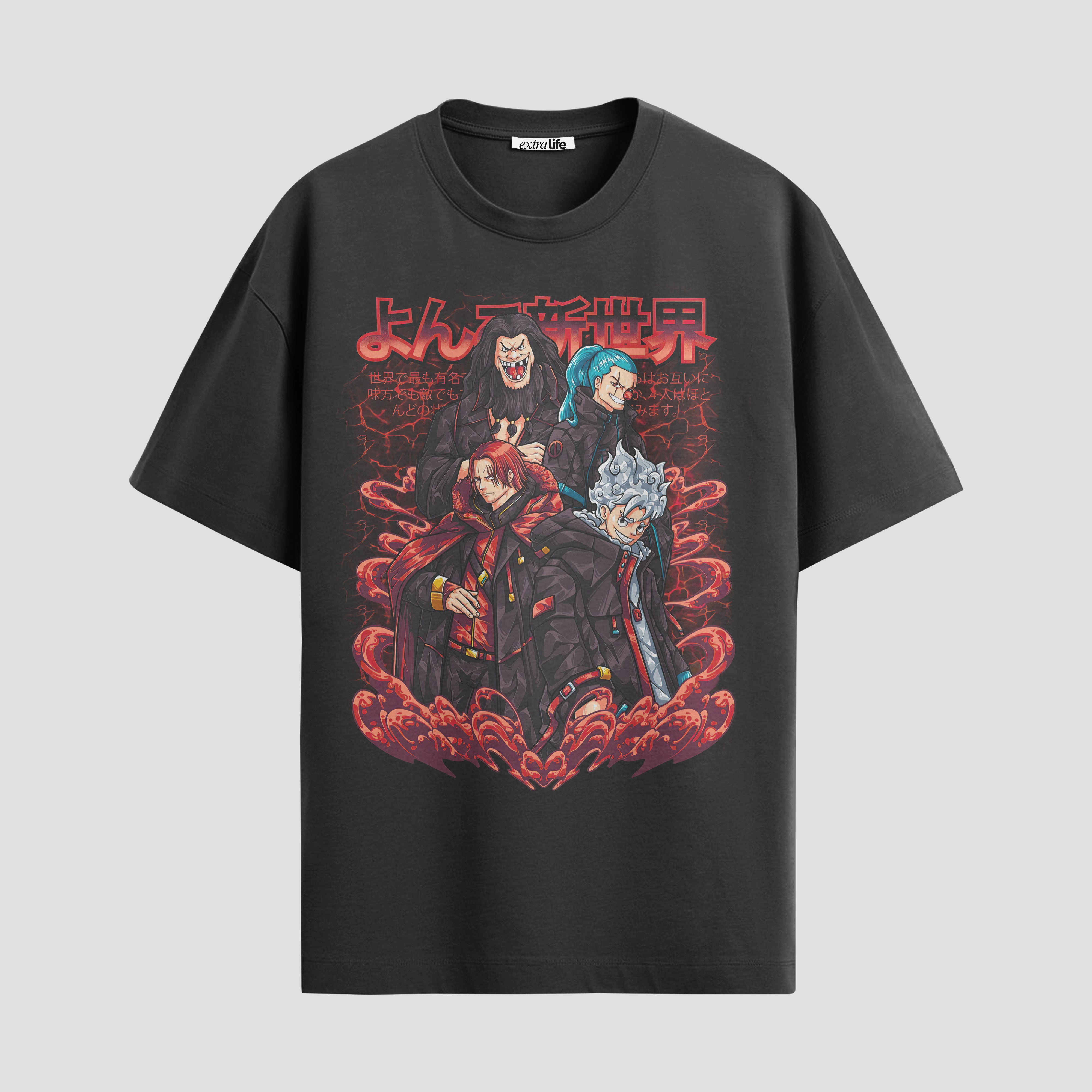 Playera urbana de anime y gaming ExtraLife MX, corte Standard Fit unisex ligero y transpirable en color Deep Black y Pure White, ropa de uso diario para gym y casual.
