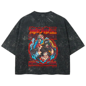 Playera streetwear premium de anime y gaming ExtraLife MX, corte boxy deluxe mineral wash heavyweight en color Acid Wash, moda urbana mexicana de culto.