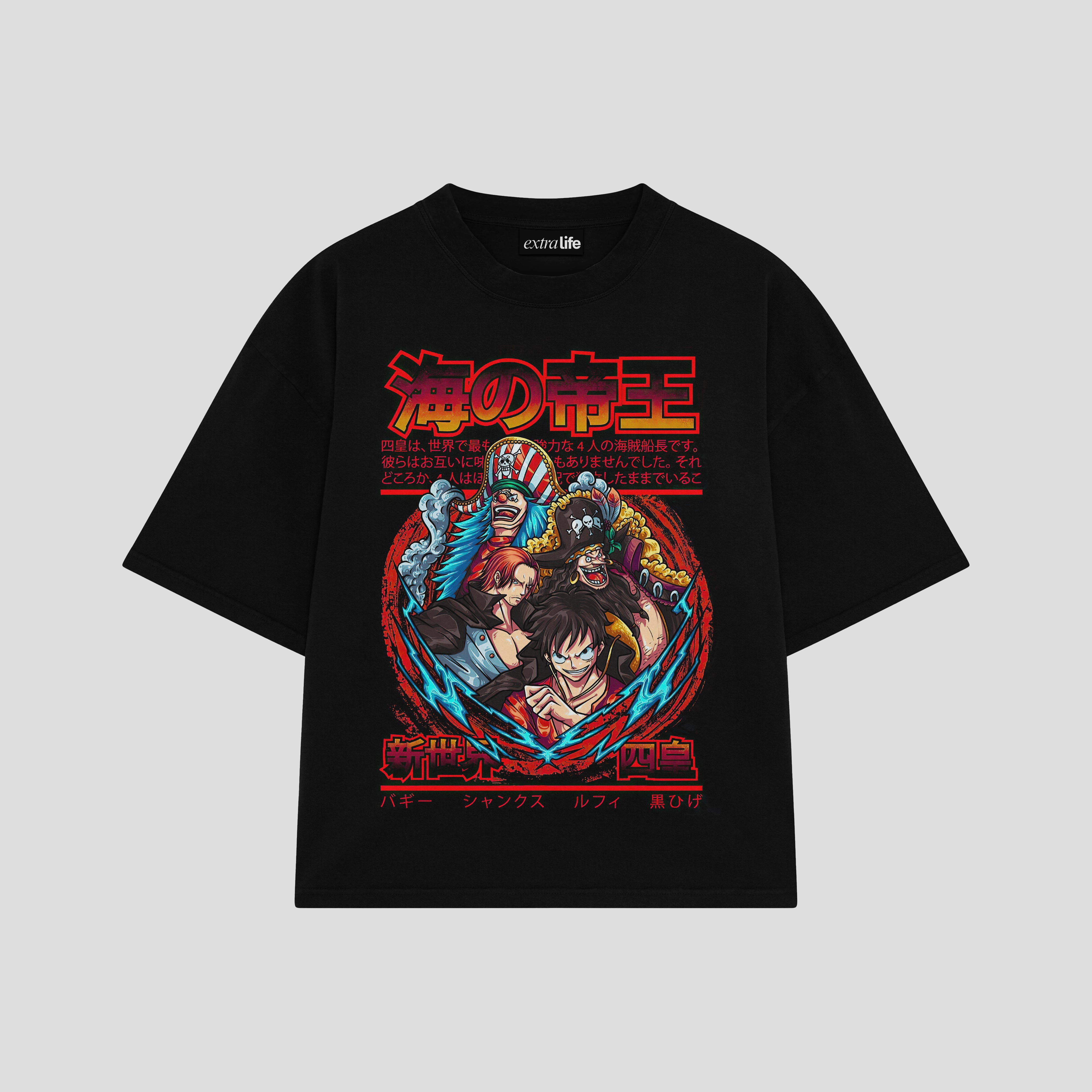 Playera streetwear premium de anime y gaming ExtraLife MX, corte boxy oversized drop shoulder heavyweight en color Deep Black y Off-White, moda urbana mexicana de culto.