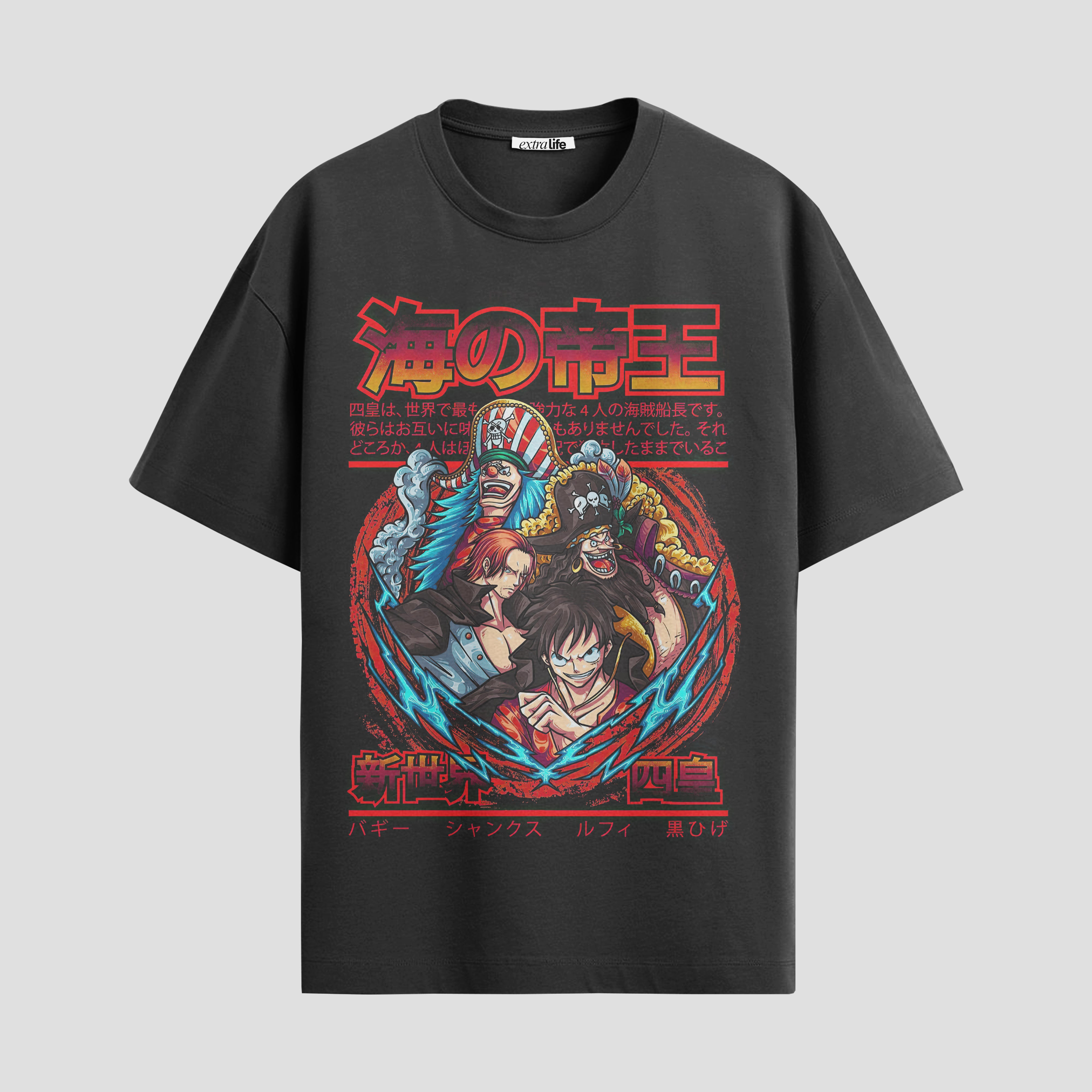 Playera urbana de anime y gaming ExtraLife MX, corte Standard Fit unisex ligero y transpirable en color Deep Black y Pure White, ropa de uso diario para gym y casual.