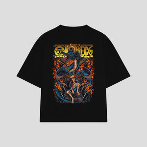 Playera streetwear premium de anime y gaming ExtraLife MX, corte boxy oversized drop shoulder heavyweight en color Deep Black y Off-White, moda urbana mexicana de culto.