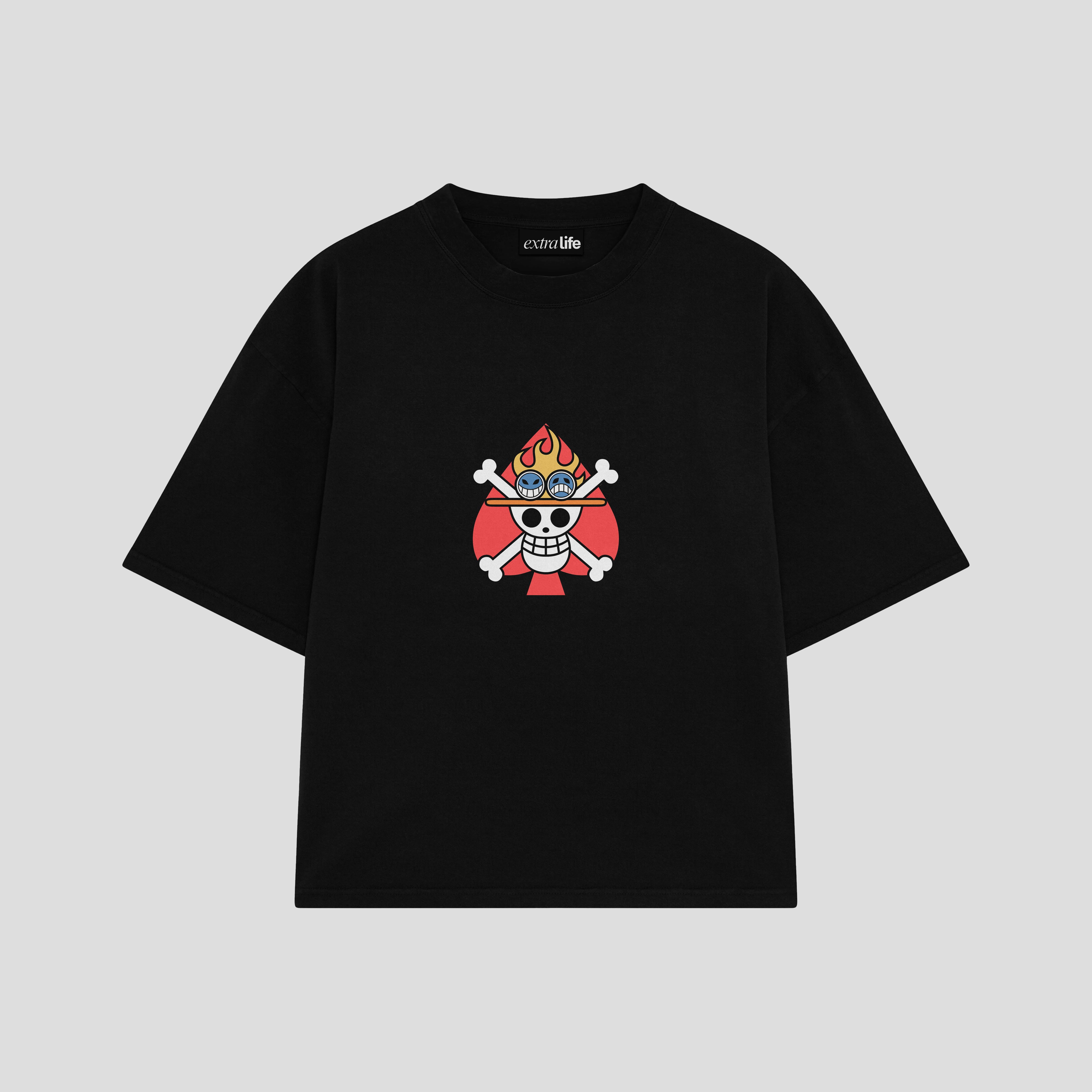 Playera streetwear premium de anime y gaming ExtraLife MX, corte boxy oversized drop shoulder heavyweight en color Deep Black y Off-White, moda urbana mexicana de culto.