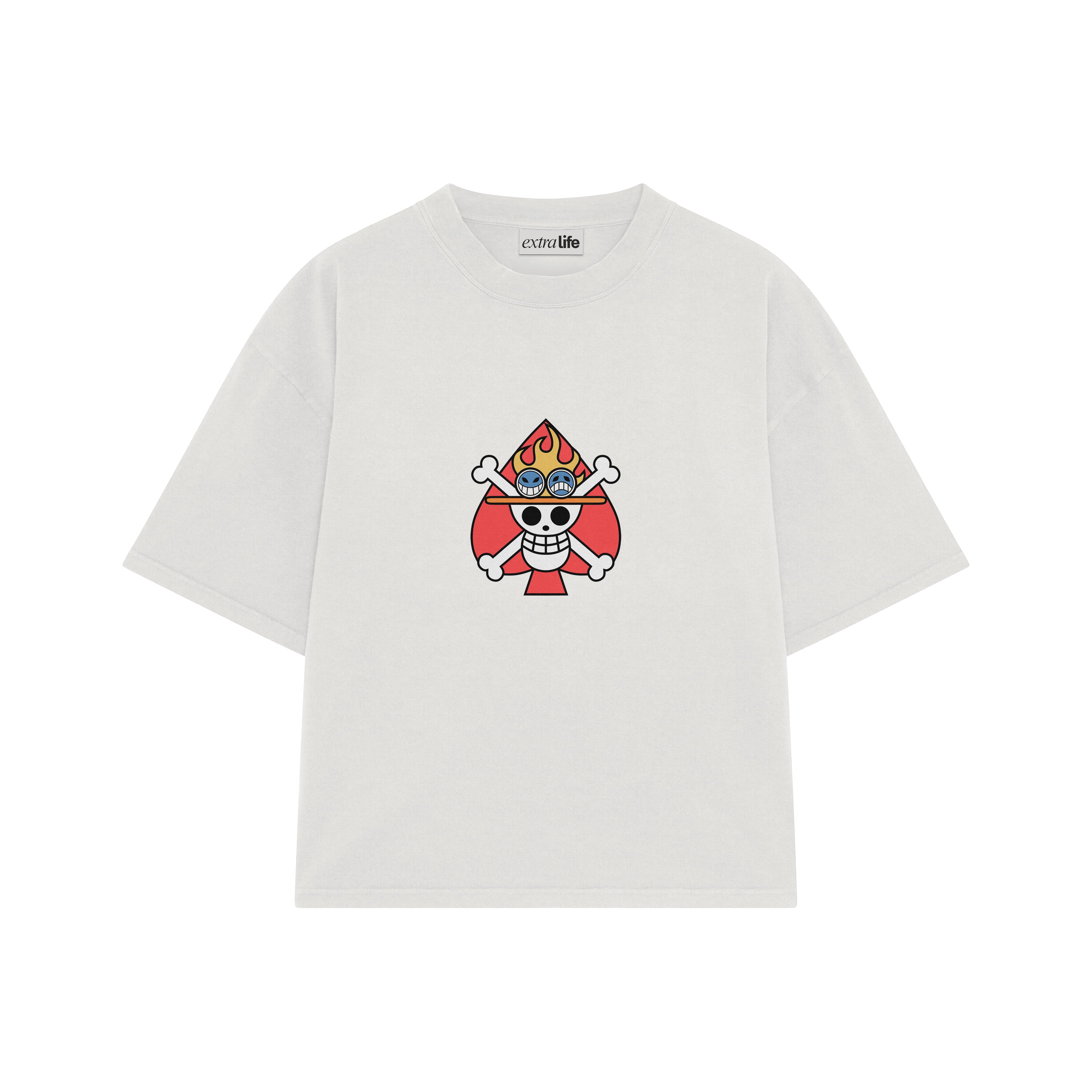 Playera streetwear premium de anime y gaming ExtraLife MX, corte boxy oversized drop shoulder heavyweight en color Deep Black y Off-White, moda urbana mexicana de culto.