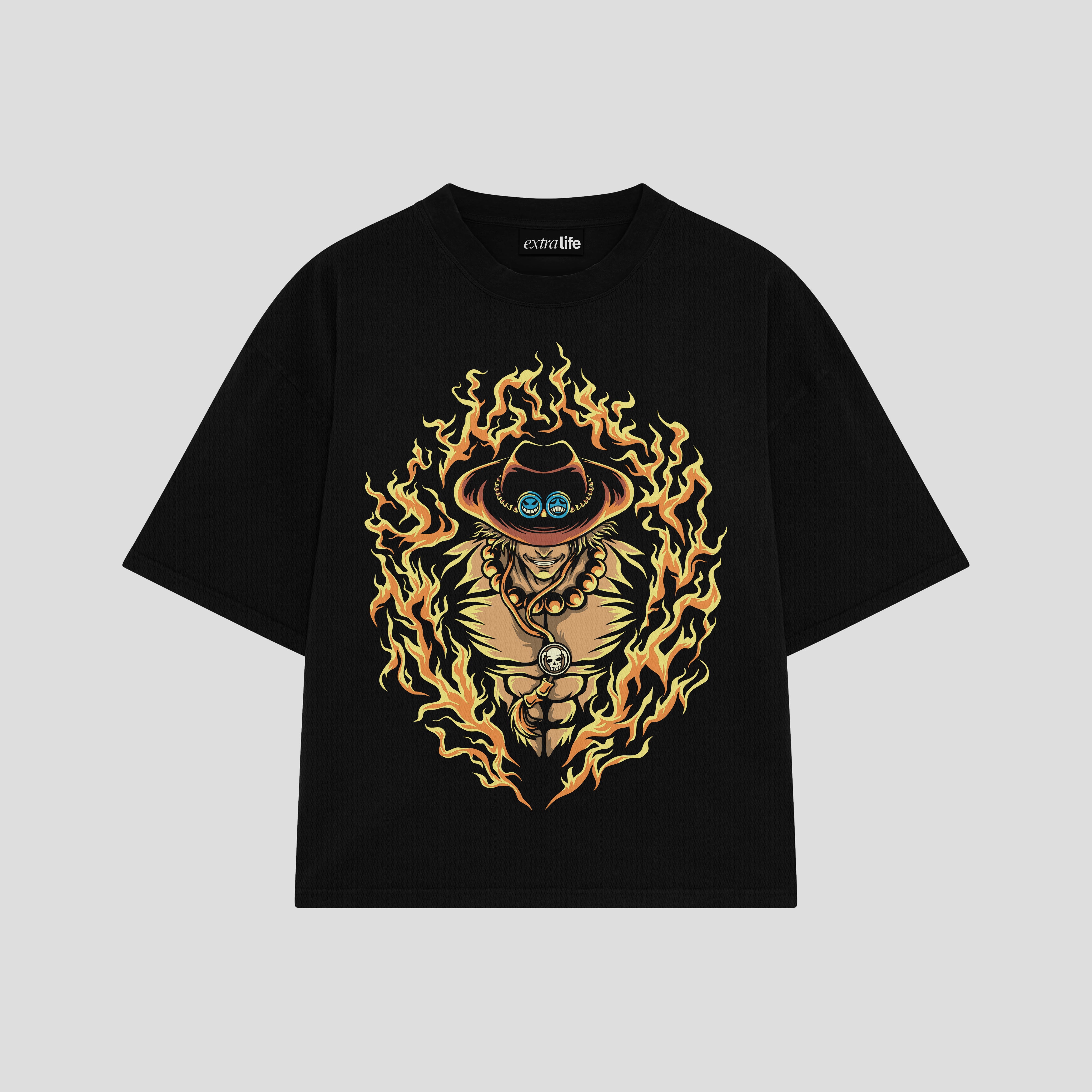 Playera streetwear premium de anime y gaming ExtraLife MX, corte boxy oversized drop shoulder heavyweight en color Deep Black y Off-White, moda urbana mexicana de culto.