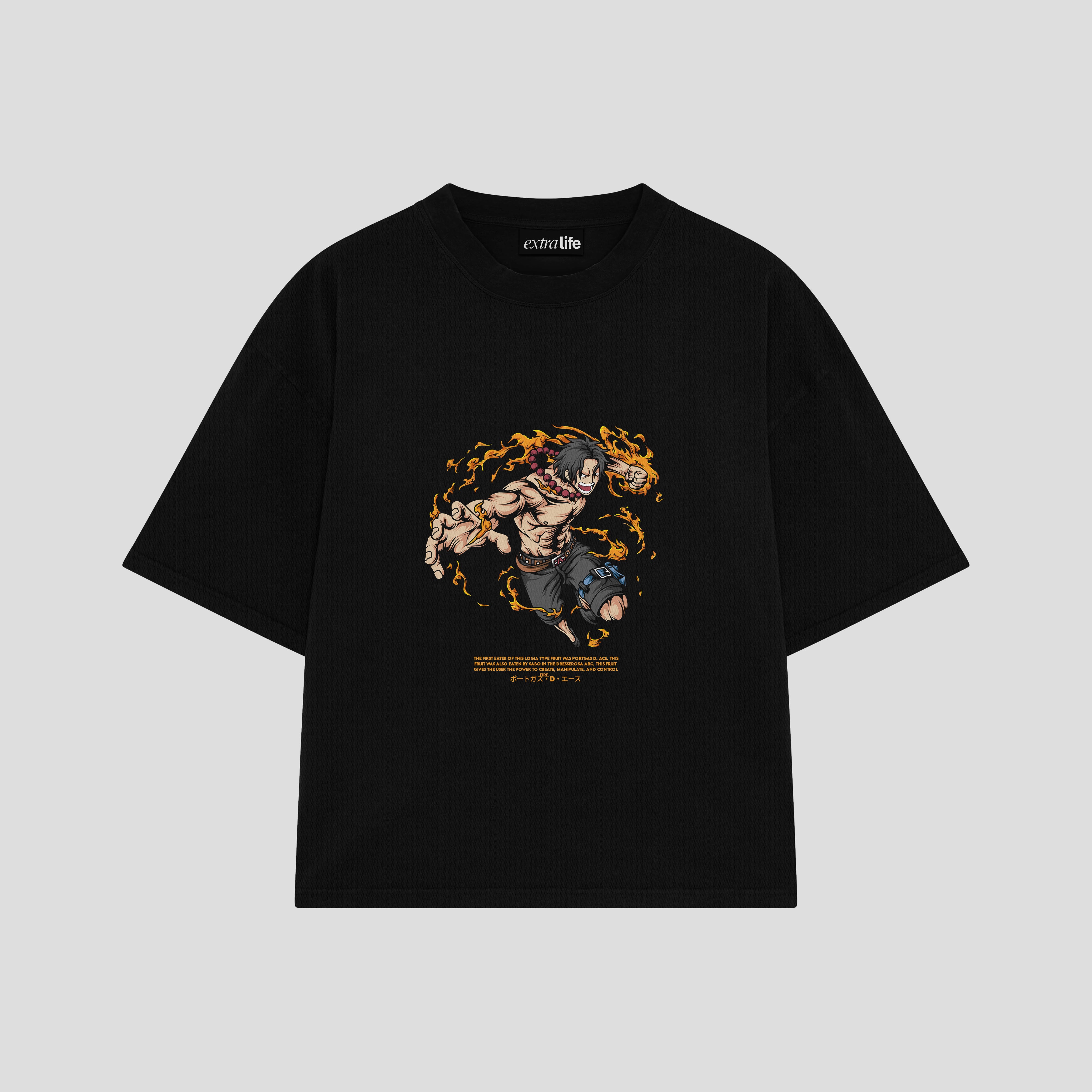Playera streetwear premium de anime y gaming ExtraLife MX, corte boxy oversized drop shoulder heavyweight en color Deep Black y Off-White, moda urbana mexicana de culto.