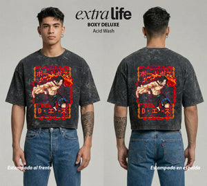 Playera streetwear premium de anime y gaming ExtraLife MX, corte boxy deluxe mineral wash heavyweight en color Acid Wash, moda urbana mexicana de culto.