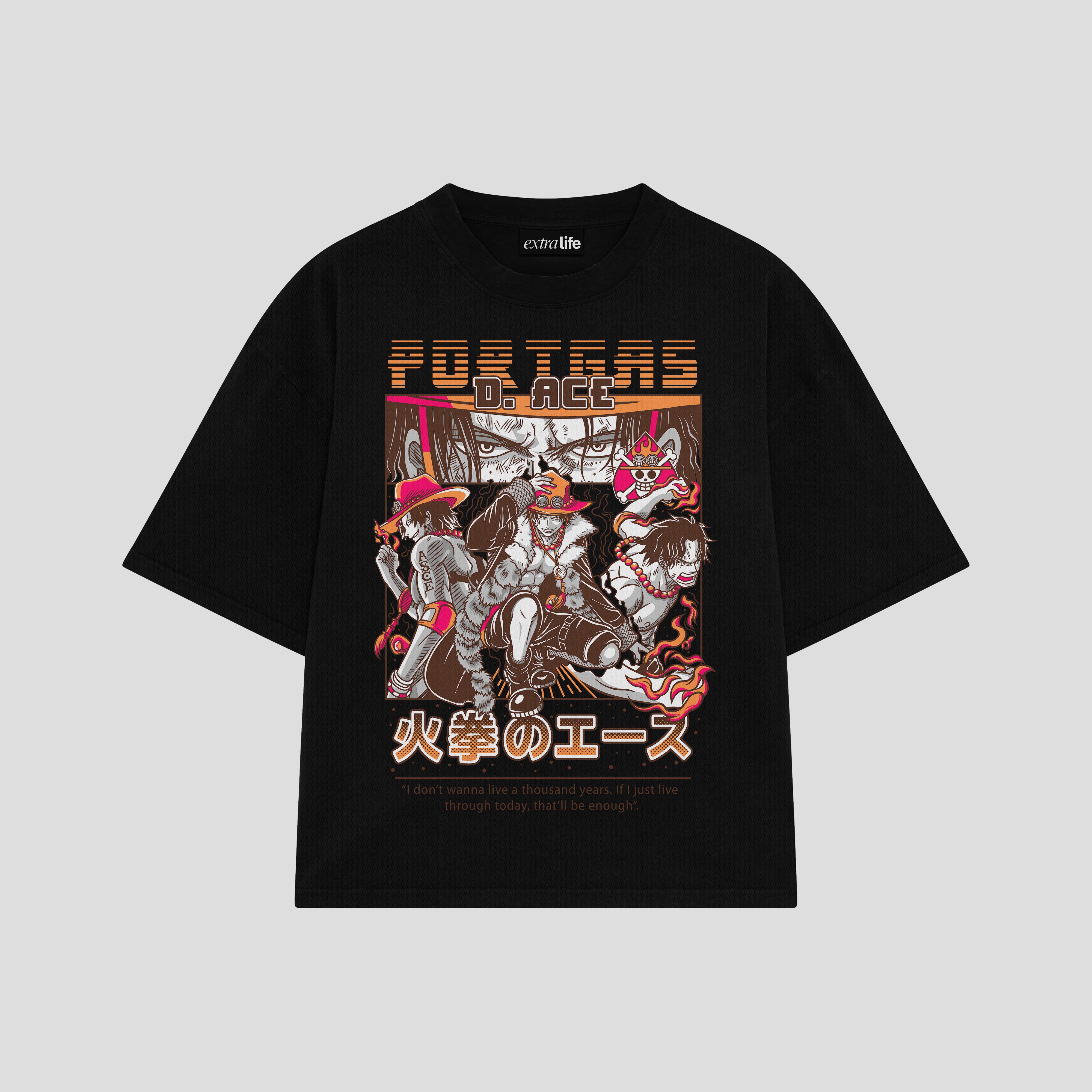 Playera streetwear premium de anime y gaming ExtraLife MX, corte boxy oversized drop shoulder heavyweight en color Deep Black y Off-White, moda urbana mexicana de culto.