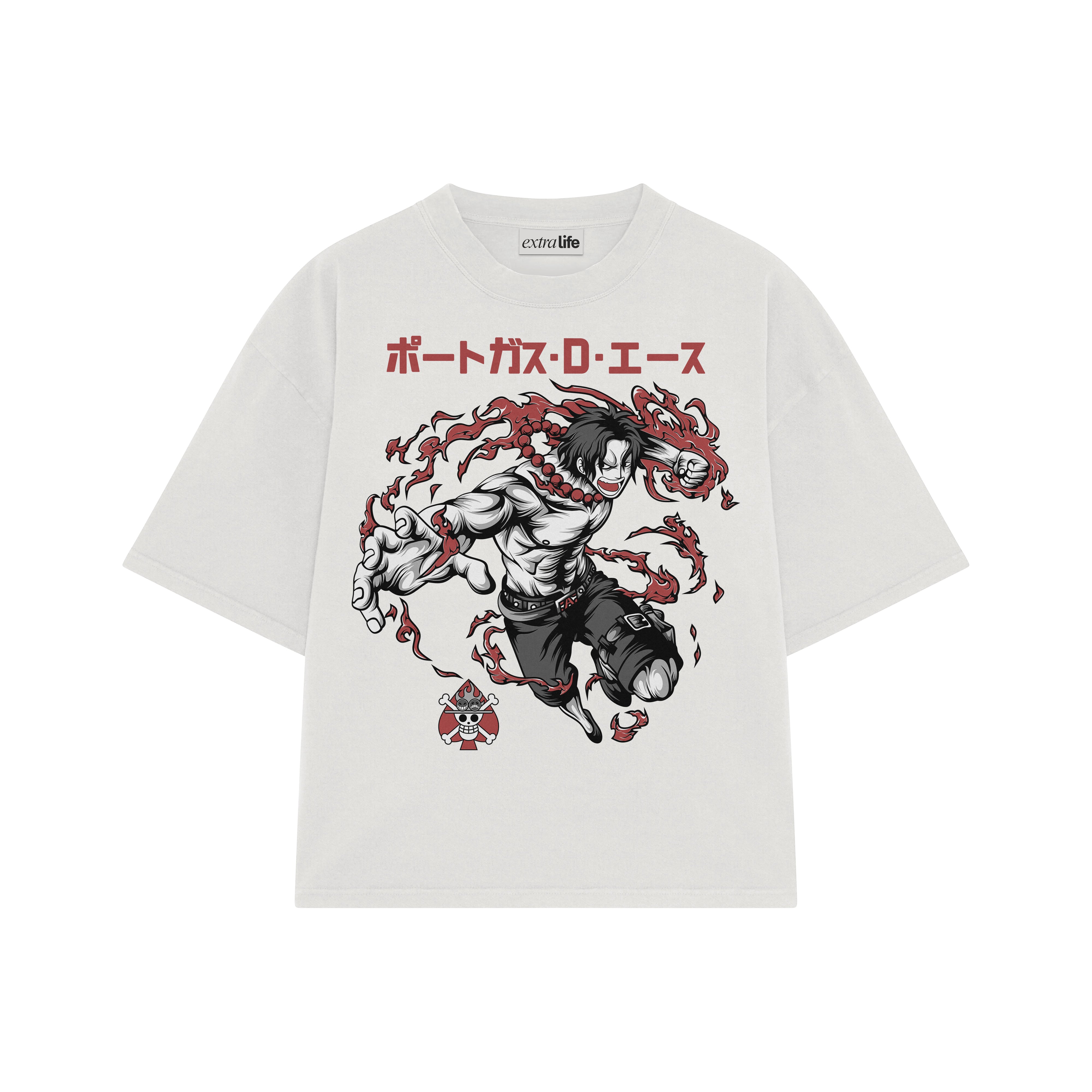 Playera streetwear premium de anime y gaming ExtraLife MX, corte boxy oversized drop shoulder heavyweight en color Deep Black y Off-White, moda urbana mexicana de culto.
