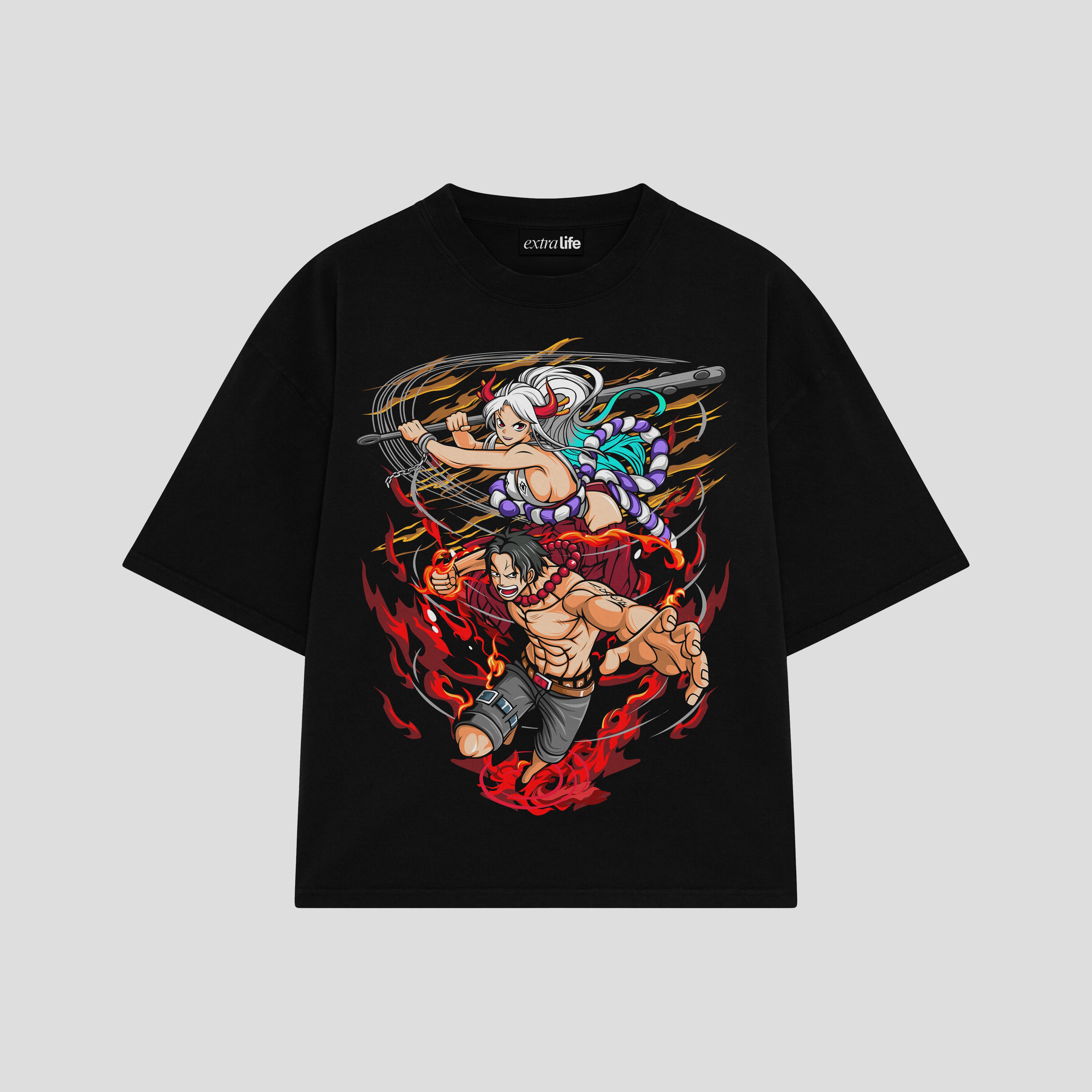 Playera streetwear premium de anime y gaming ExtraLife MX, corte boxy oversized drop shoulder heavyweight en color Deep Black y Off-White, moda urbana mexicana de culto.