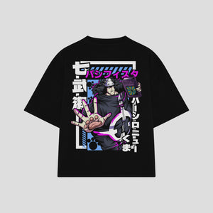 Playera streetwear premium de anime y gaming ExtraLife MX, corte boxy oversized drop shoulder heavyweight en color Deep Black y Off-White, moda urbana mexicana de culto.