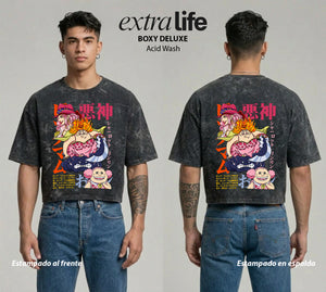 Playera streetwear premium de anime y gaming ExtraLife MX, corte boxy deluxe mineral wash heavyweight en color Acid Wash, moda urbana mexicana de culto.