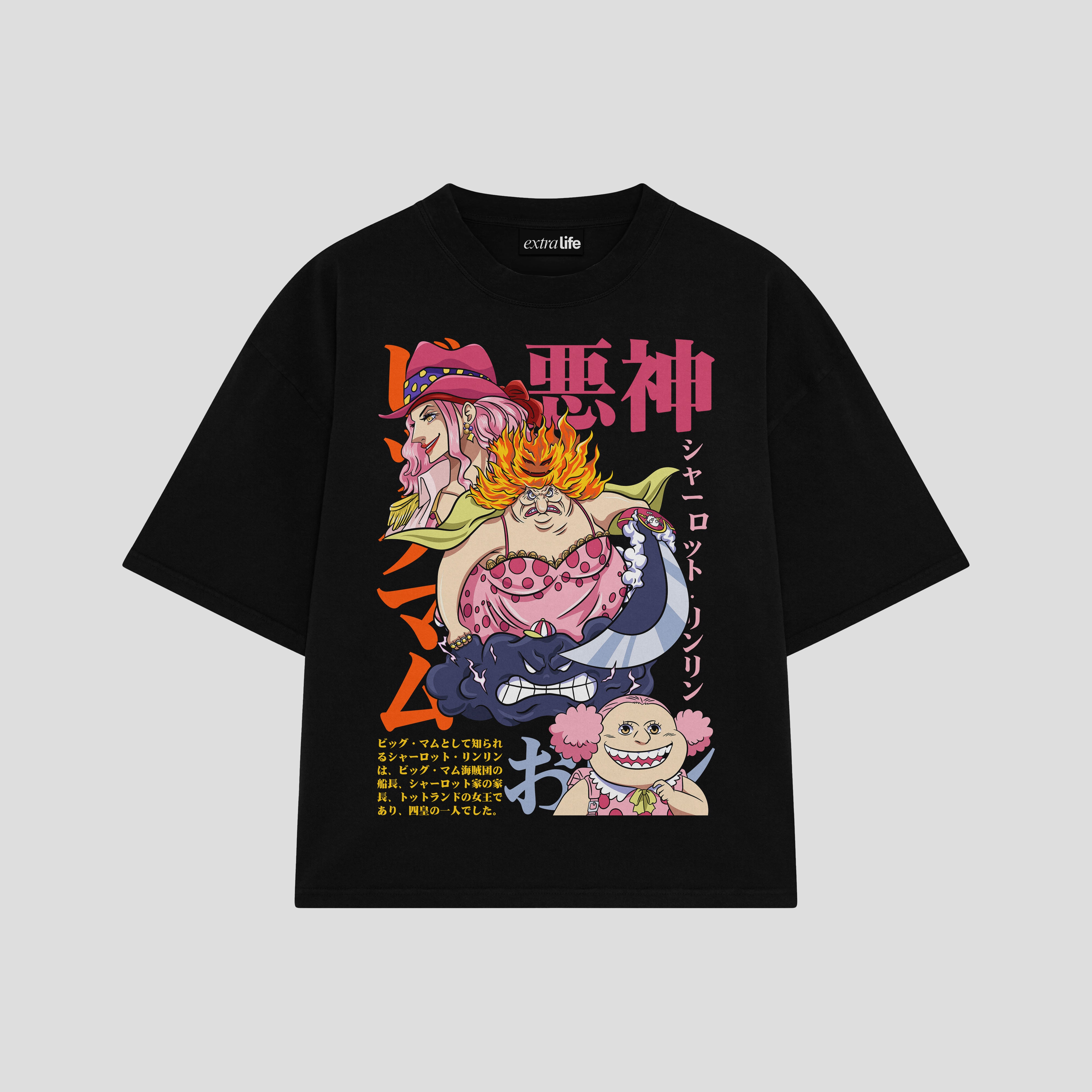 Playera streetwear premium de anime y gaming ExtraLife MX, corte boxy oversized drop shoulder heavyweight en color Deep Black y Off-White, moda urbana mexicana de culto.
