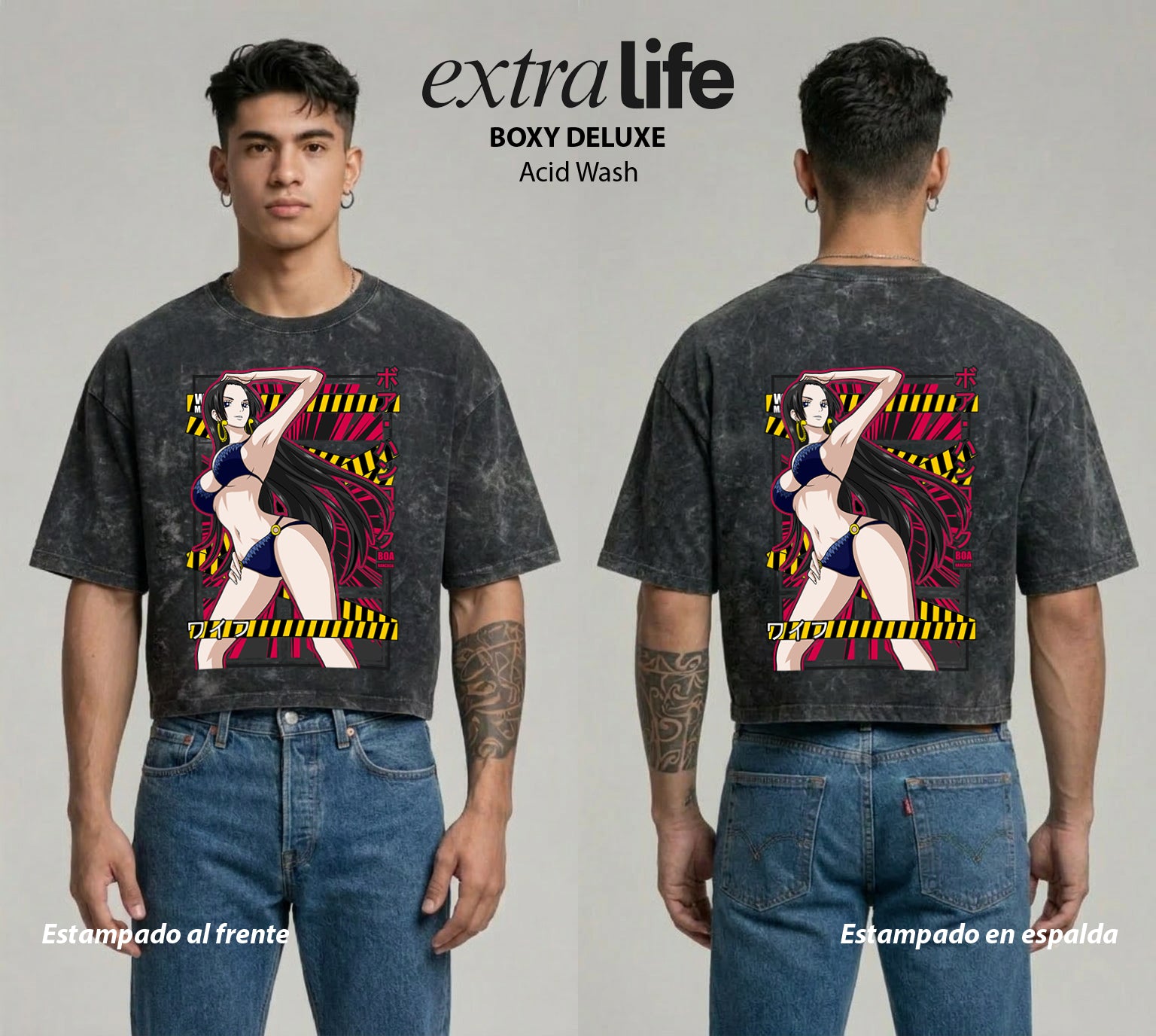 Playera streetwear premium de anime y gaming ExtraLife MX, corte boxy deluxe mineral wash heavyweight en color Acid Wash, moda urbana mexicana de culto.