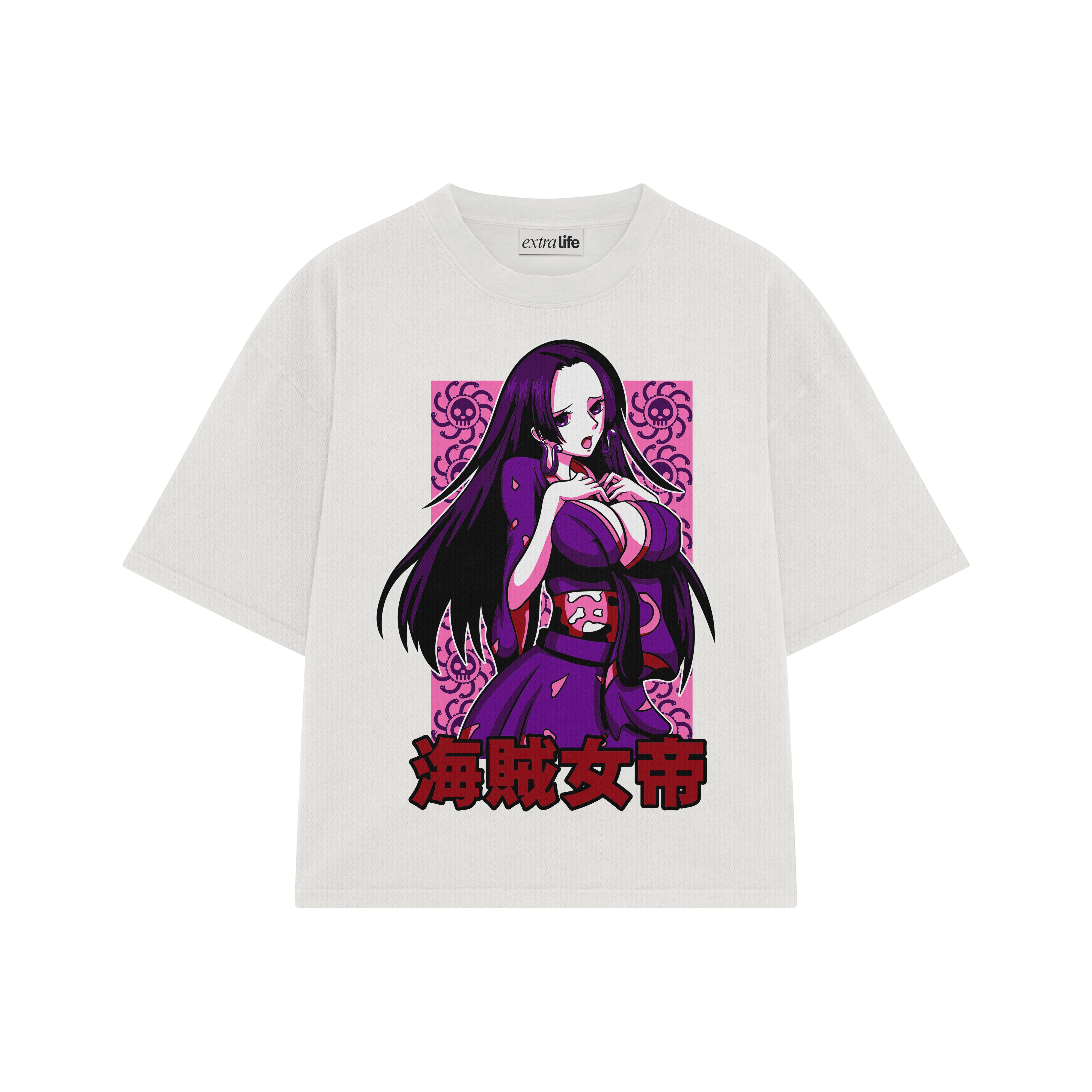 Playera streetwear premium de anime y gaming ExtraLife MX, corte boxy oversized drop shoulder heavyweight en color Deep Black y Off-White, moda urbana mexicana de culto.
