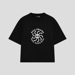 Playera streetwear premium de anime y gaming ExtraLife MX, corte boxy oversized drop shoulder heavyweight en color Deep Black y Off-White, moda urbana mexicana de culto.