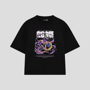 Playera streetwear premium de anime y gaming ExtraLife MX, corte boxy oversized drop shoulder heavyweight en color Deep Black y Off-White, moda urbana mexicana de culto.
