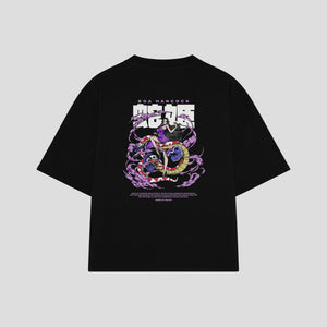 Playera streetwear premium de anime y gaming ExtraLife MX, corte boxy oversized drop shoulder heavyweight en color Deep Black y Off-White, moda urbana mexicana de culto.