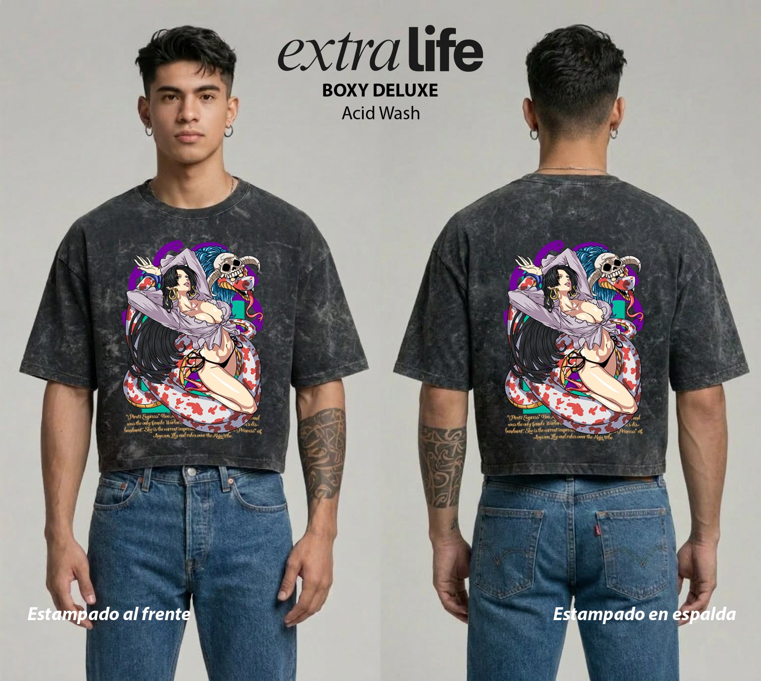 Playera streetwear premium de anime y gaming ExtraLife MX, corte boxy deluxe mineral wash heavyweight en color Acid Wash, moda urbana mexicana de culto.