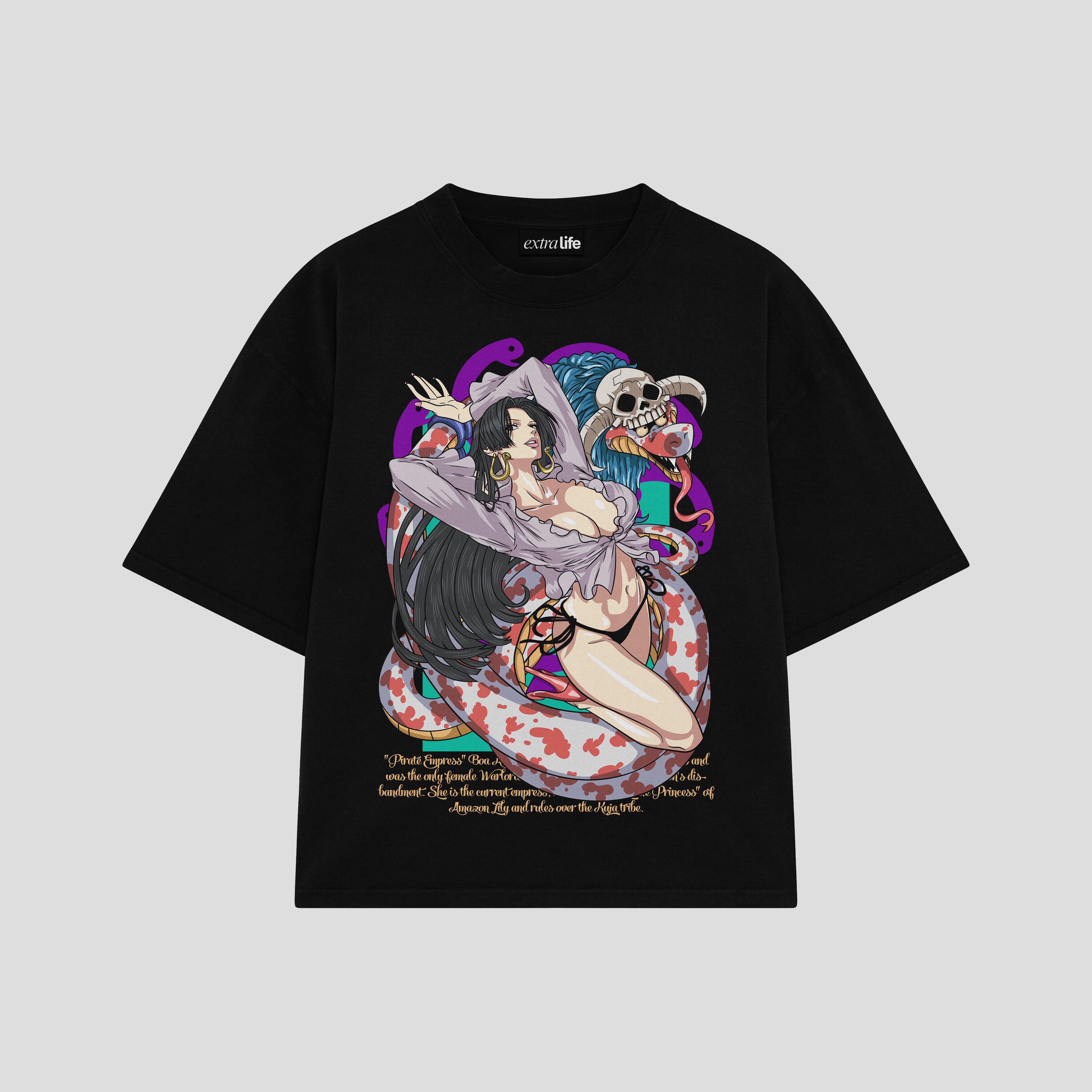 Playera streetwear premium de anime y gaming ExtraLife MX, corte boxy oversized drop shoulder heavyweight en color Deep Black y Off-White, moda urbana mexicana de culto.