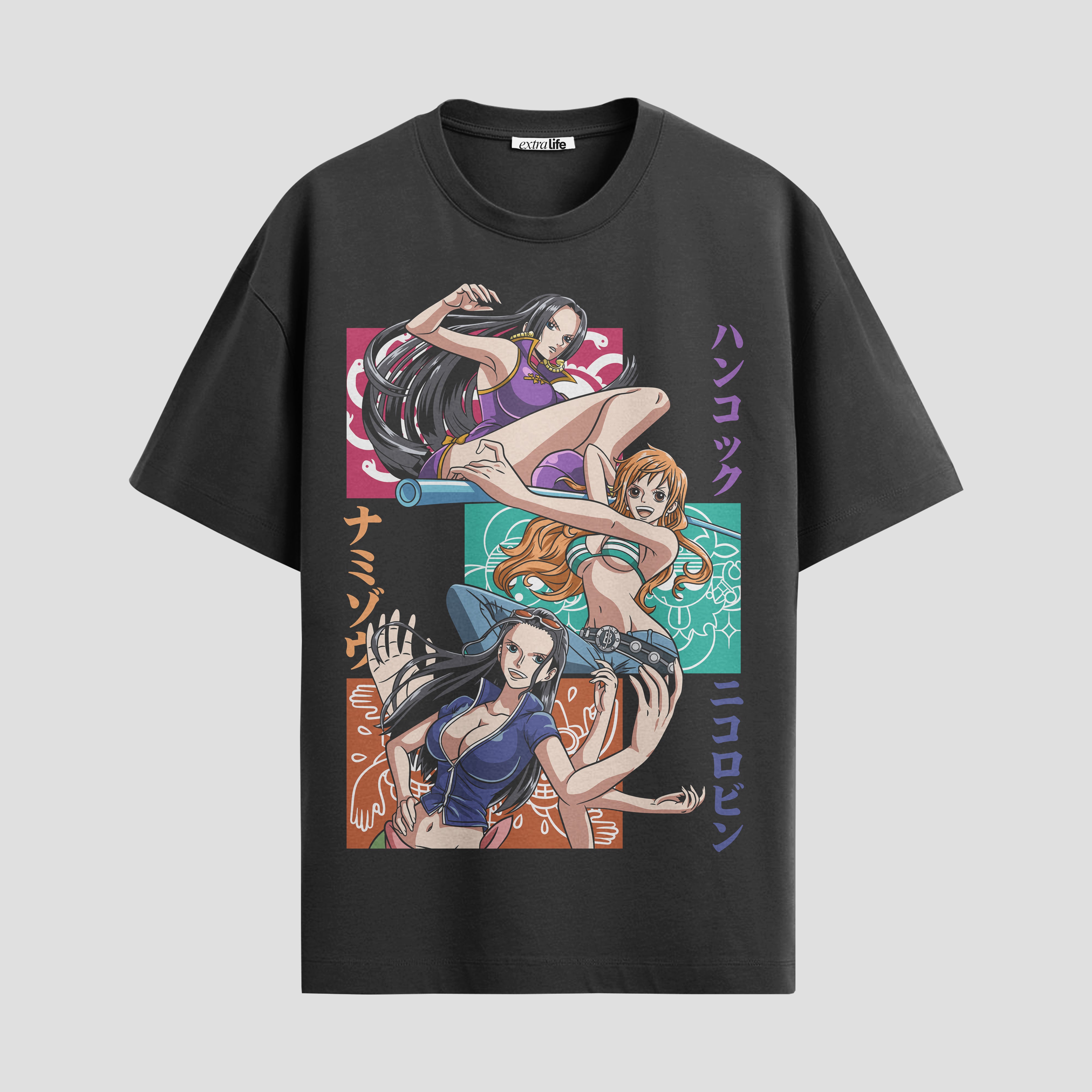 Playera urbana de anime y gaming ExtraLife MX, corte Standard Fit unisex ligero y transpirable en color Deep Black y Pure White, ropa de uso diario para gym y casual.