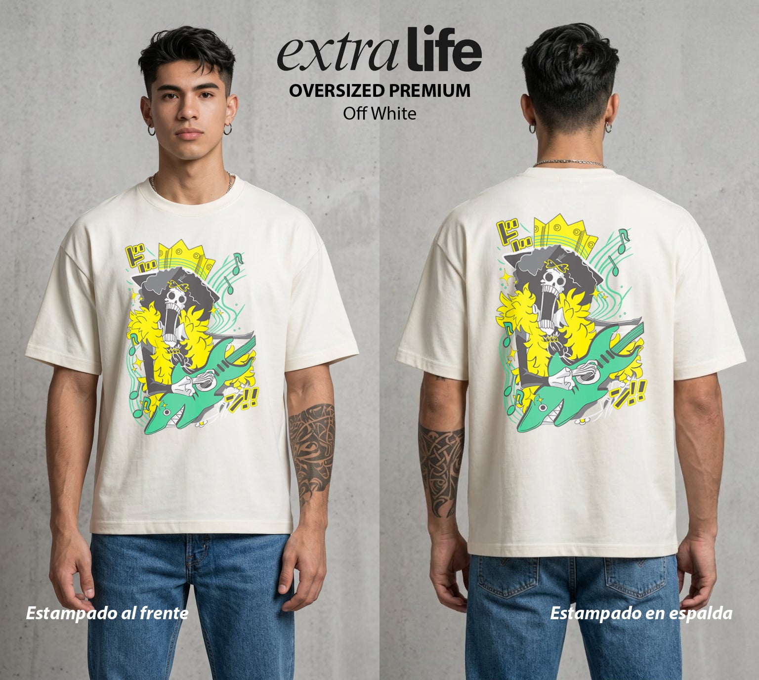 Mar de los Piratas | El Violinista Esqueleto #03052 - Playera Oversized Premium | Off White - Foto en modelo