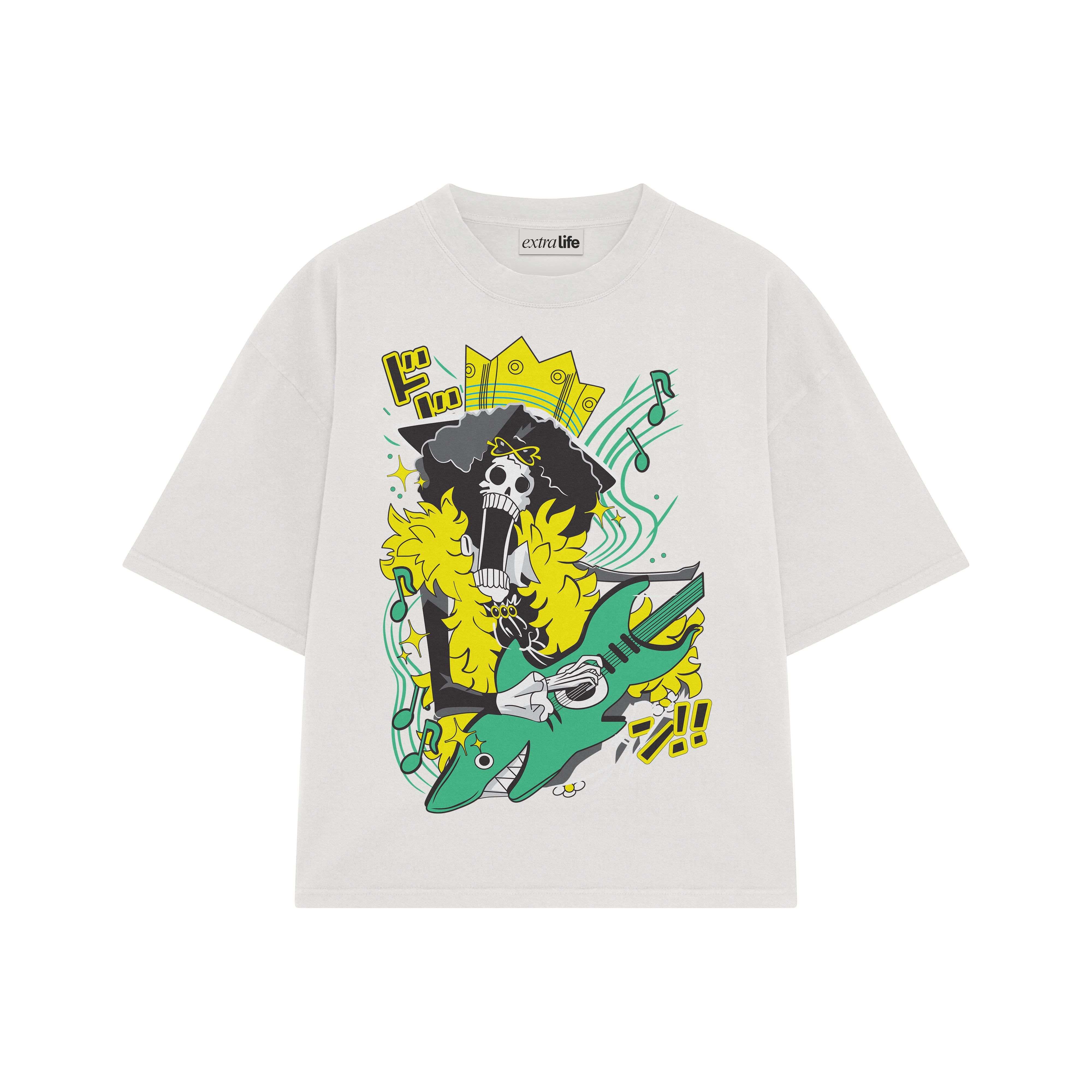 Playera streetwear premium de anime y gaming ExtraLife MX, corte boxy oversized drop shoulder heavyweight en color Deep Black y Off-White, moda urbana mexicana de culto.