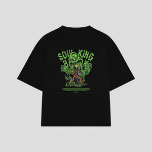 Playera streetwear premium de anime y gaming ExtraLife MX, corte boxy oversized drop shoulder heavyweight en color Deep Black y Off-White, moda urbana mexicana de culto.