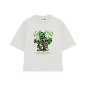 Playera streetwear premium de anime y gaming ExtraLife MX, corte boxy oversized drop shoulder heavyweight en color Deep Black y Off-White, moda urbana mexicana de culto.