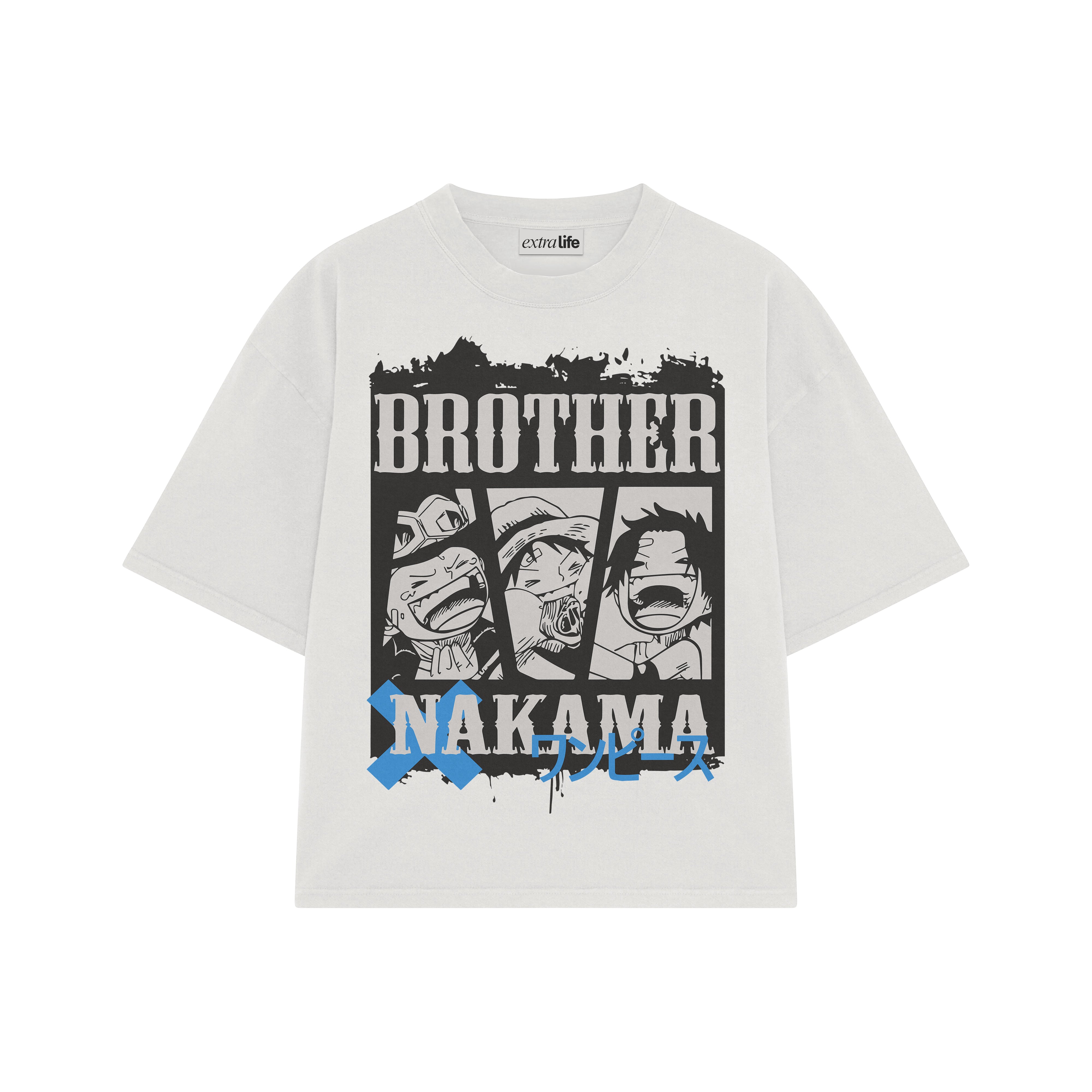 Playera streetwear premium de anime y gaming ExtraLife MX, corte boxy oversized drop shoulder heavyweight en color Deep Black y Off-White, moda urbana mexicana de culto.
