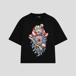 Playera streetwear premium de anime y gaming ExtraLife MX, corte boxy oversized drop shoulder heavyweight en color Deep Black y Off-White, moda urbana mexicana de culto.