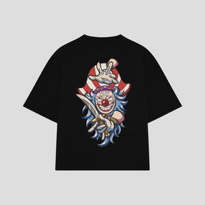 Playera streetwear premium de anime y gaming ExtraLife MX, corte boxy oversized drop shoulder heavyweight en color Deep Black y Off-White, moda urbana mexicana de culto.