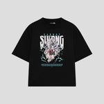Playera streetwear premium de anime y gaming ExtraLife MX, corte boxy oversized drop shoulder heavyweight en color Deep Black y Off-White, moda urbana mexicana de culto.