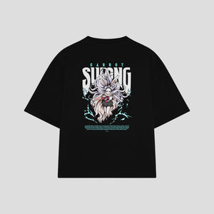 Playera streetwear premium de anime y gaming ExtraLife MX, corte oversized drop shoulder ligero y fresco en color Deep Black y Off-White, moda urbana mexicana de culto.