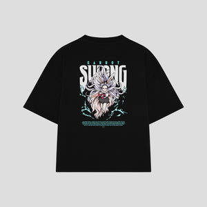 Playera streetwear premium de anime y gaming ExtraLife MX, corte boxy oversized drop shoulder heavyweight en color Deep Black y Off-White, moda urbana mexicana de culto.