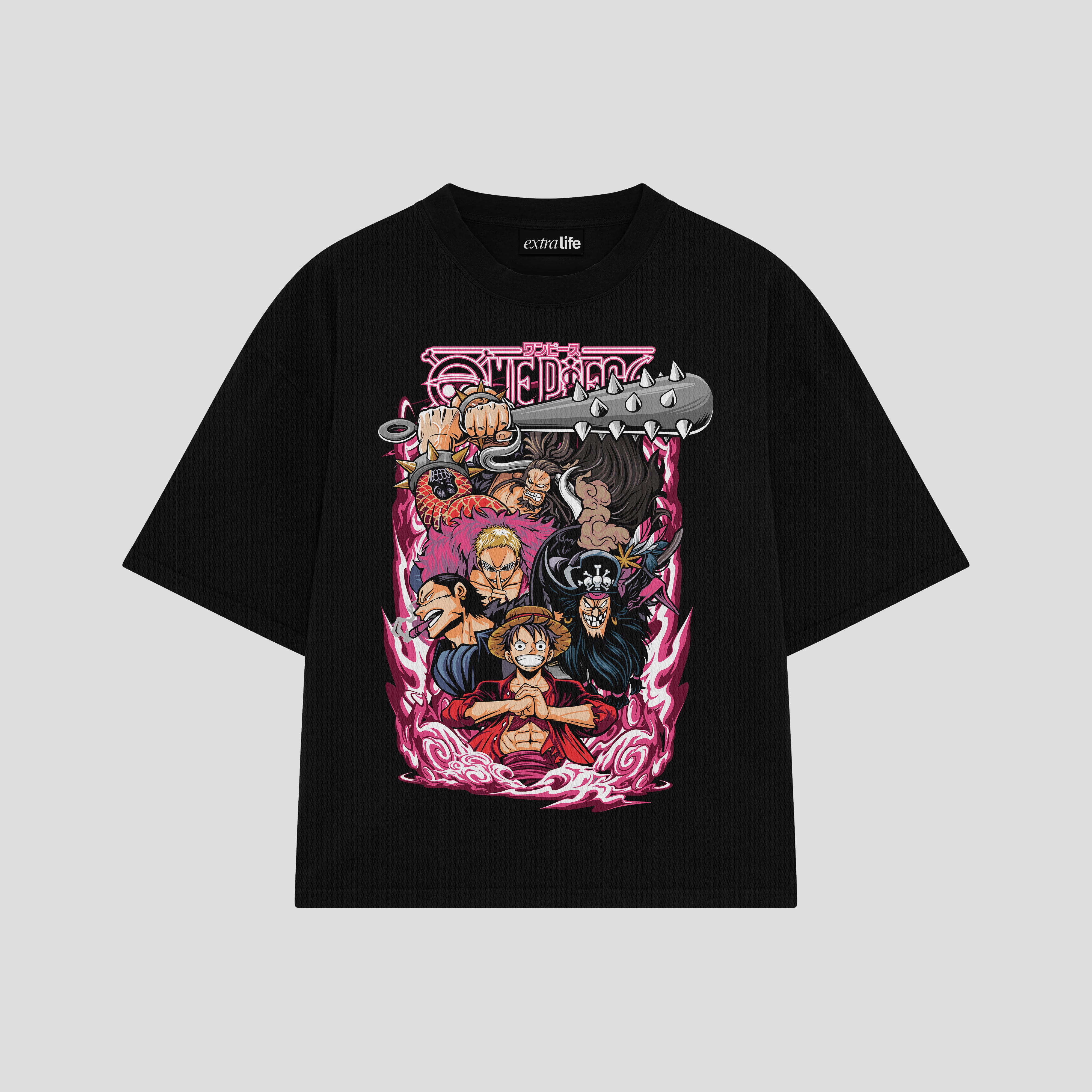 Playera streetwear premium de anime y gaming ExtraLife MX, corte boxy oversized drop shoulder heavyweight en color Deep Black y Off-White, moda urbana mexicana de culto.