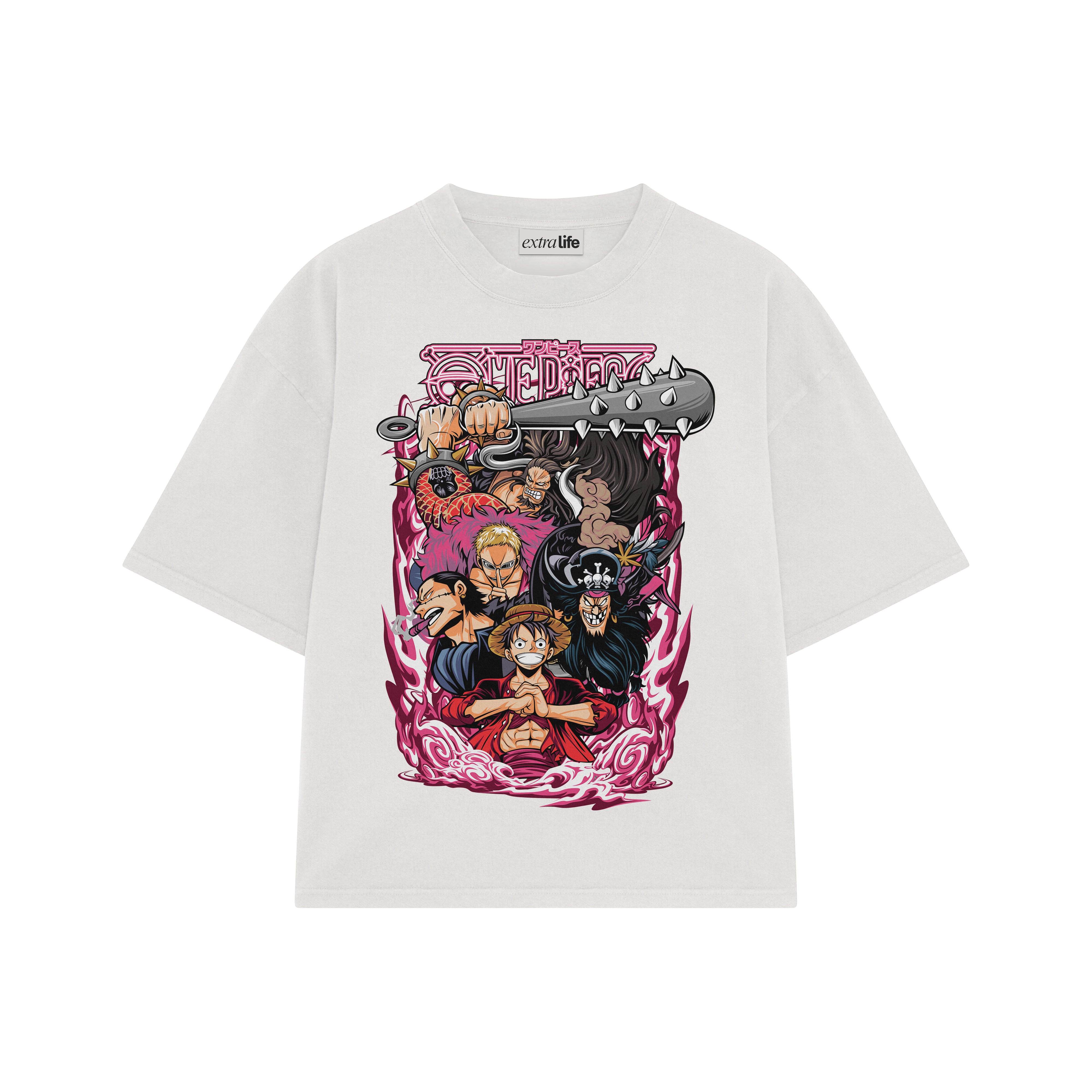 Playera streetwear premium de anime y gaming ExtraLife MX, corte boxy oversized drop shoulder heavyweight en color Deep Black y Off-White, moda urbana mexicana de culto.