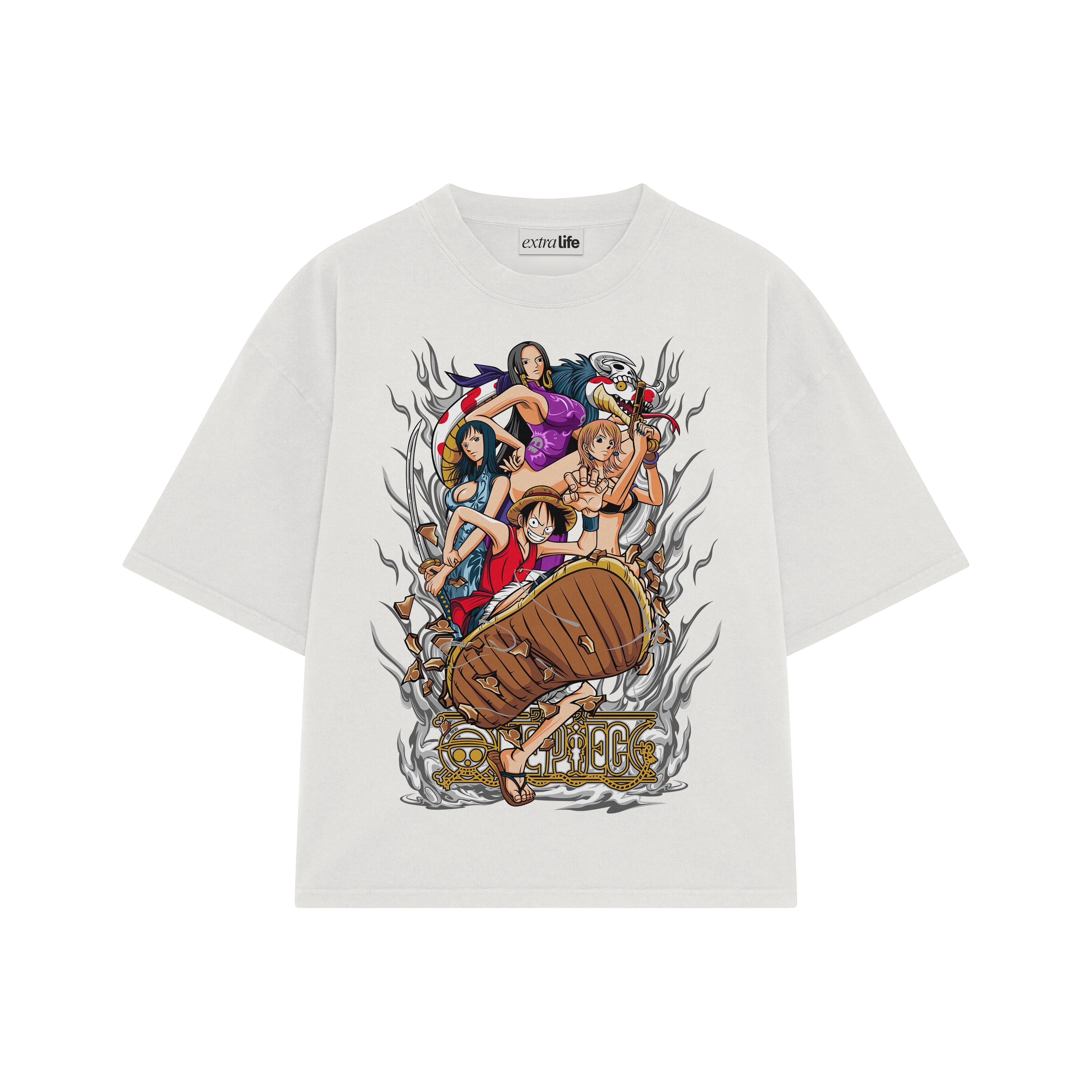 Playera streetwear premium de anime y gaming ExtraLife MX, corte boxy oversized drop shoulder heavyweight en color Deep Black y Off-White, moda urbana mexicana de culto.