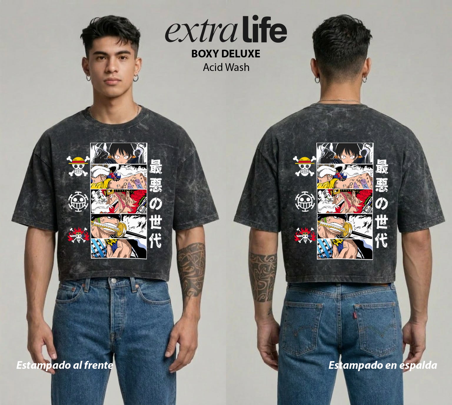 Playera streetwear premium de anime y gaming ExtraLife MX, corte boxy deluxe mineral wash heavyweight en color Acid Wash, moda urbana mexicana de culto.