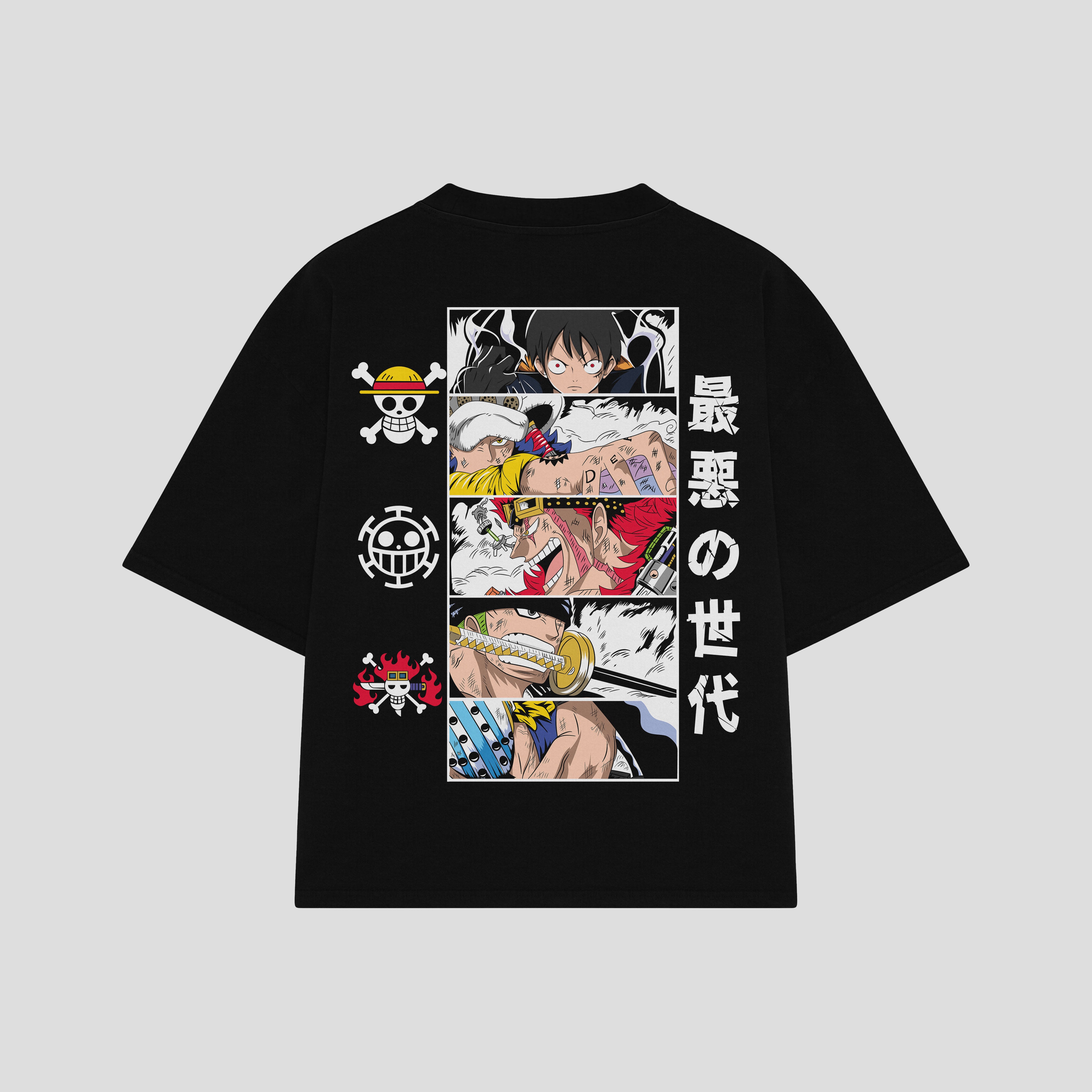 Playera streetwear premium de anime y gaming ExtraLife MX, corte boxy oversized drop shoulder heavyweight en color Deep Black y Off-White, moda urbana mexicana de culto.
