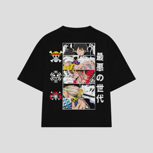Playera streetwear premium de anime y gaming ExtraLife MX, corte boxy oversized drop shoulder heavyweight en color Deep Black y Off-White, moda urbana mexicana de culto.
