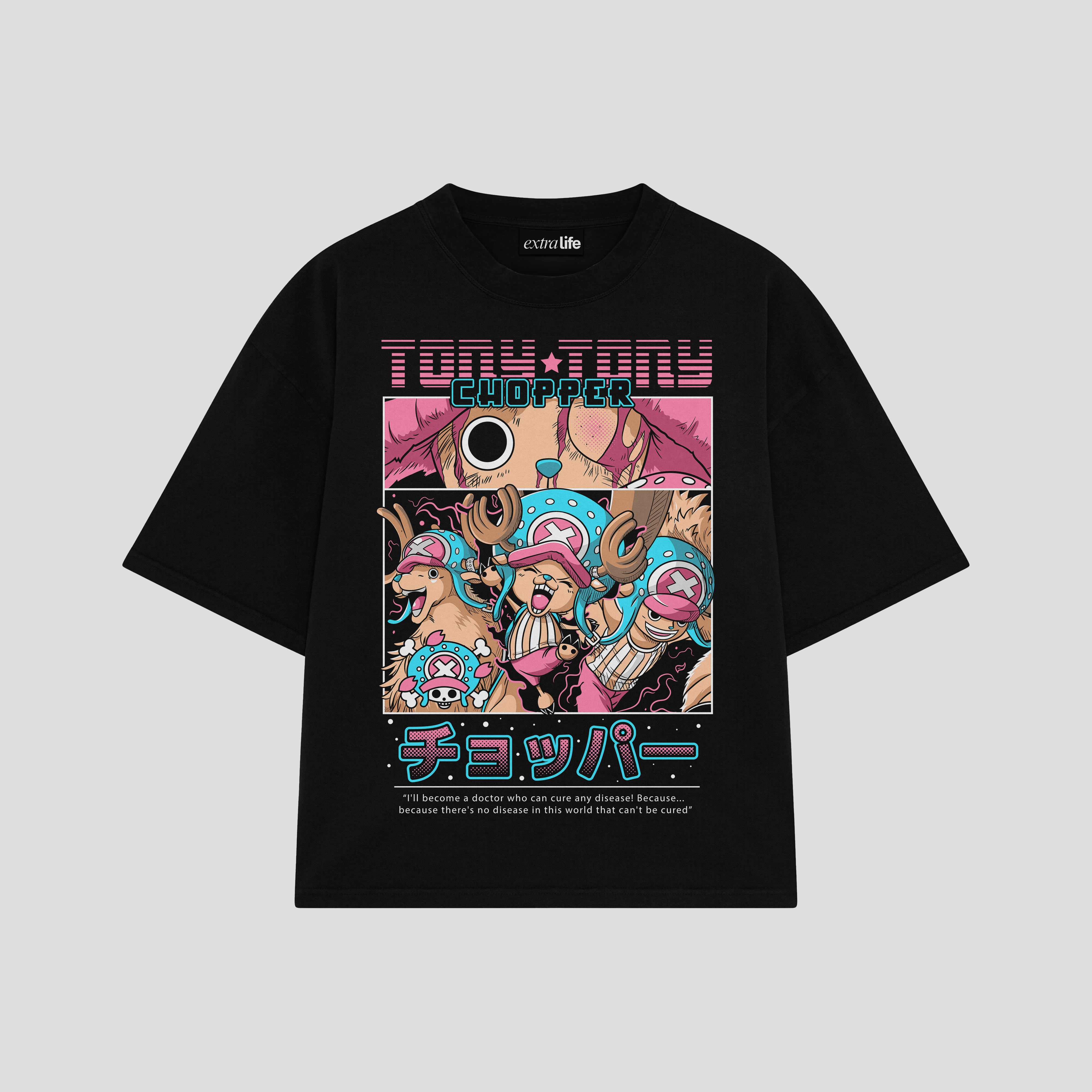 Playera streetwear premium de anime y gaming ExtraLife MX, corte boxy oversized drop shoulder heavyweight en color Deep Black y Off-White, moda urbana mexicana de culto.